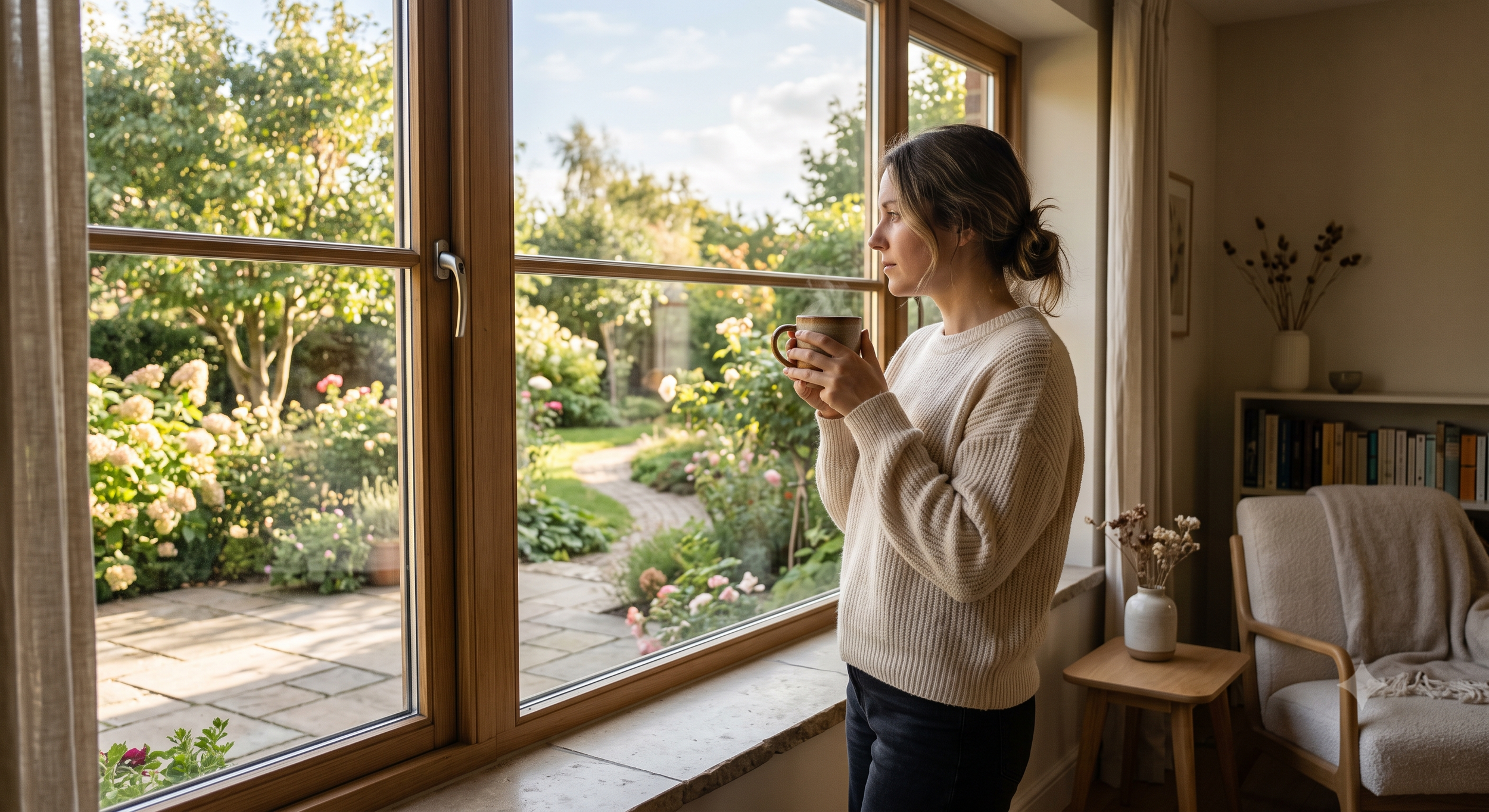 A person looking out of a window with a warm cup of tea, reflecting quietly in a calm, sunlit room