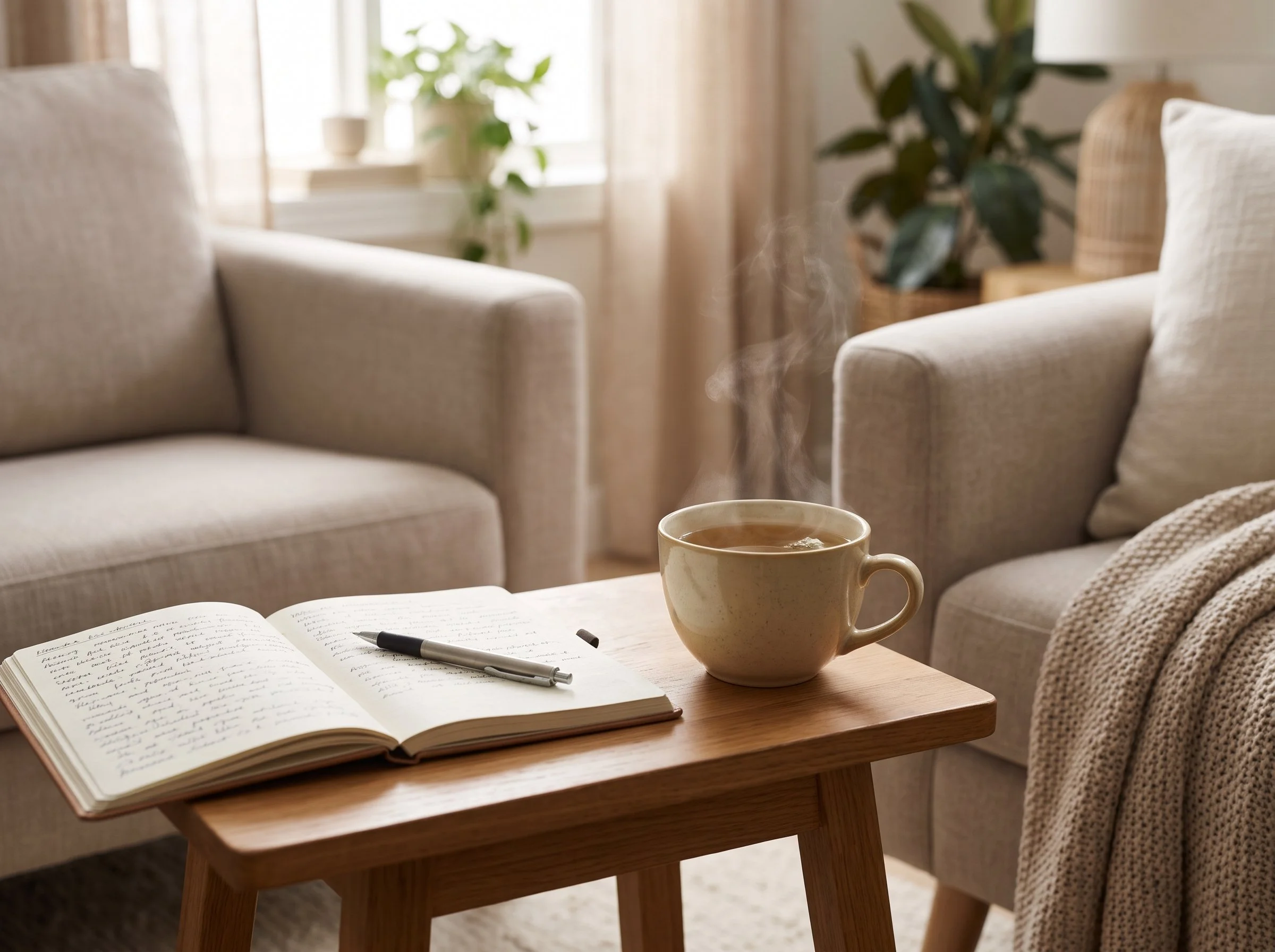 A quiet, peaceful living room corner with tea and a journal, showing calm reflection and personal boundaries during holiday stress.