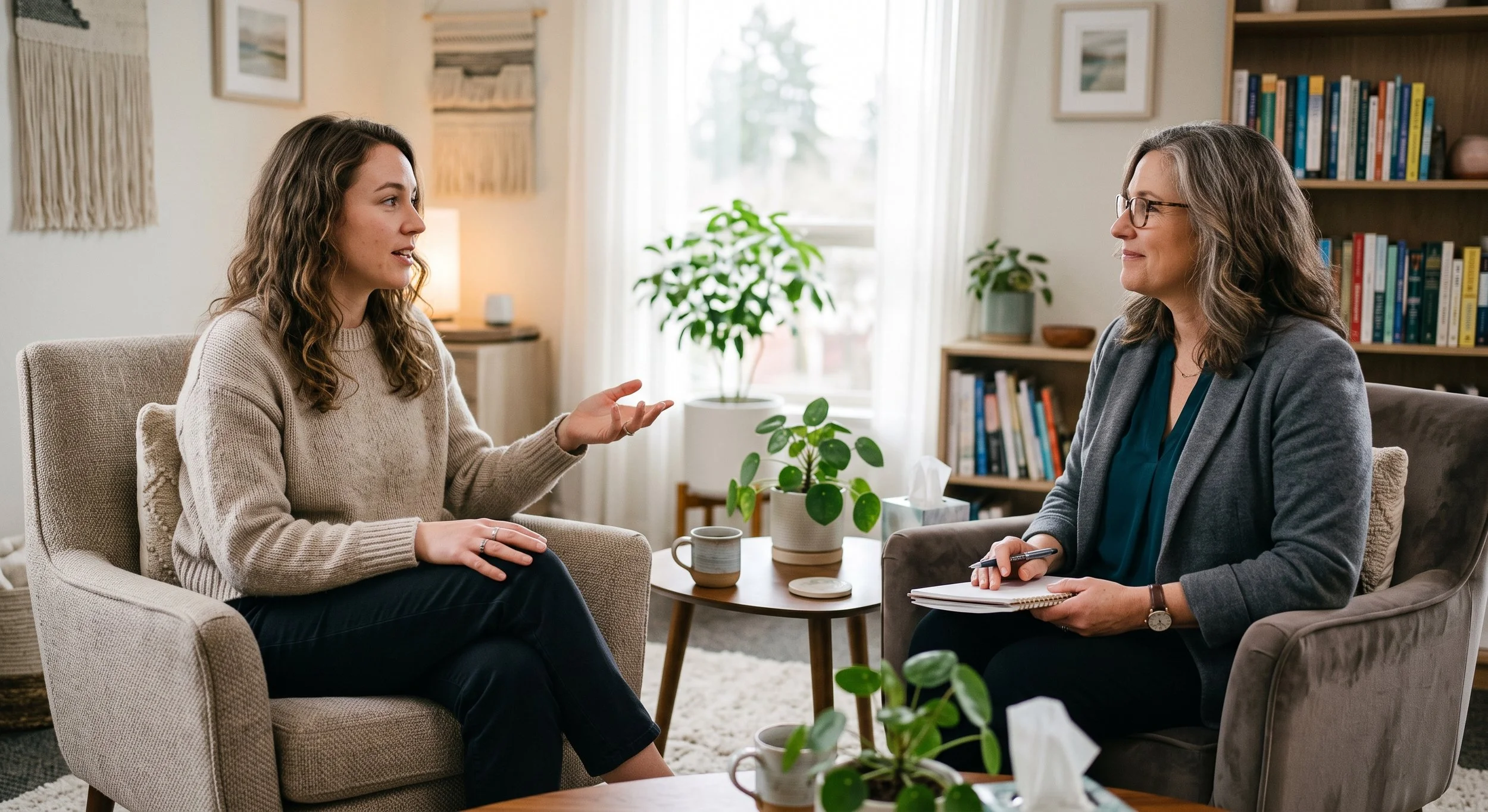 Therapist providing compassionate support to a survivor learning about types of abuse