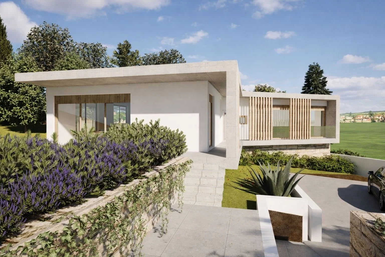 Casa moderna com jardim, escada, área de estar e garagem com carro, sob céu claro.