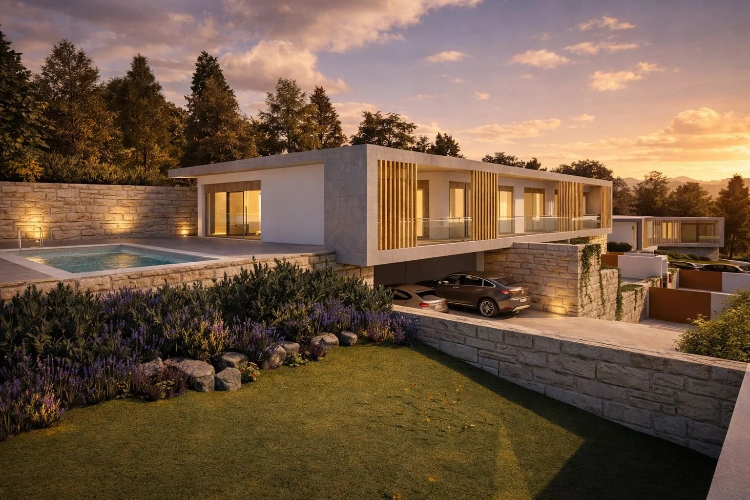 fachada de uma casa moderna com piscina, carros estacionados na garagem sob a casa, jardim com flores e plantas, ao pôr do sol
