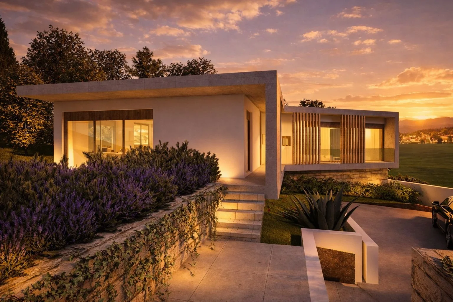 Imagem de uma casa moderna ao entardecer com iluminação quente, janelas grandes, jardim com plantas e flores, e um carro estacionado na garagem.