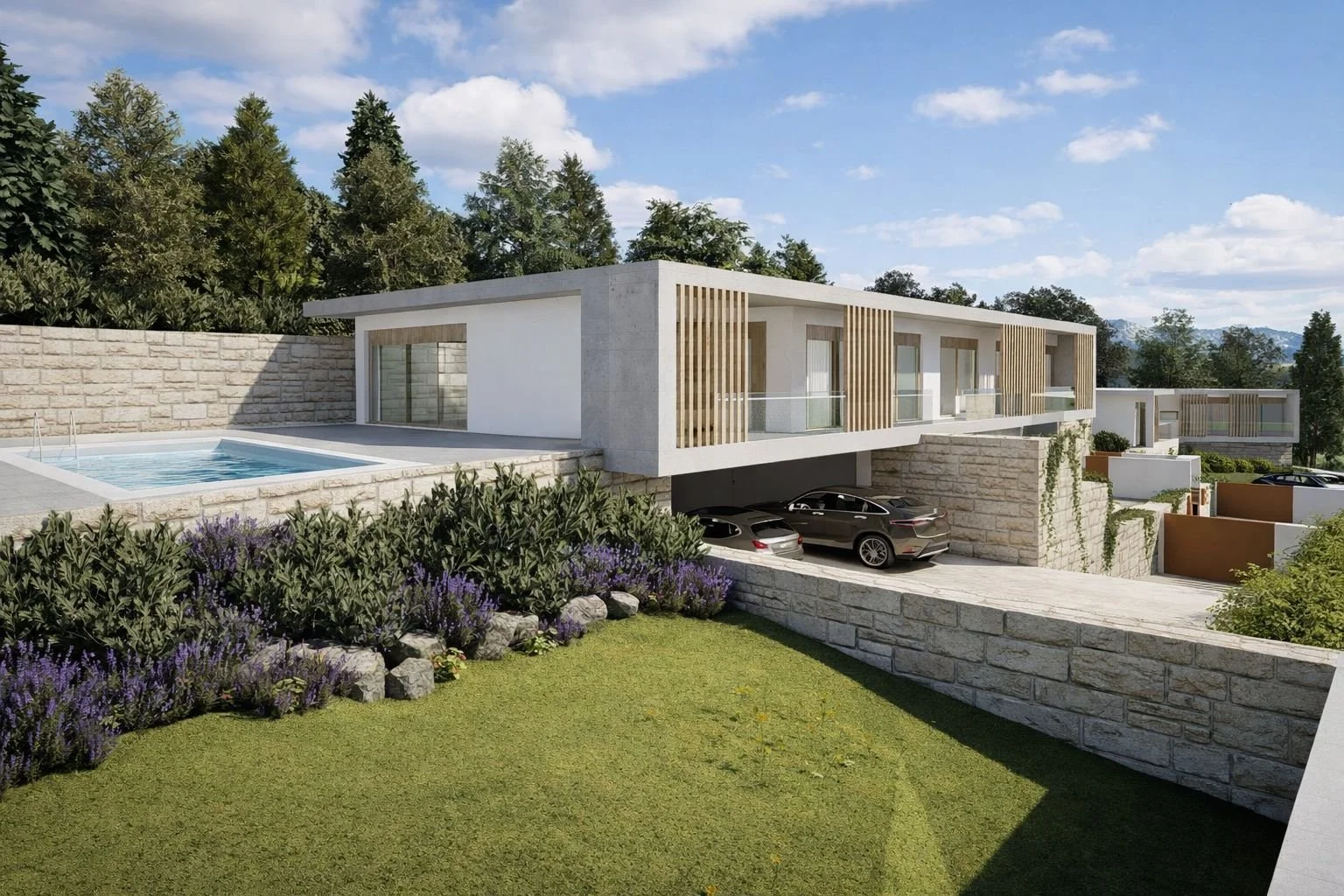 Imagem de uma casa moderna em um terreno elevado, com piscina, jardim com plantas e carros estacionados na garagem subterrânea.
