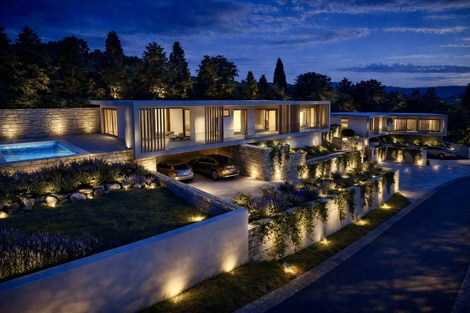 Conjunto de casas modernas com iluminação noturna, jardim bem cuidado, piscina ao lado, casas de dois andares com grandes janelas de vidro e estacionamento.