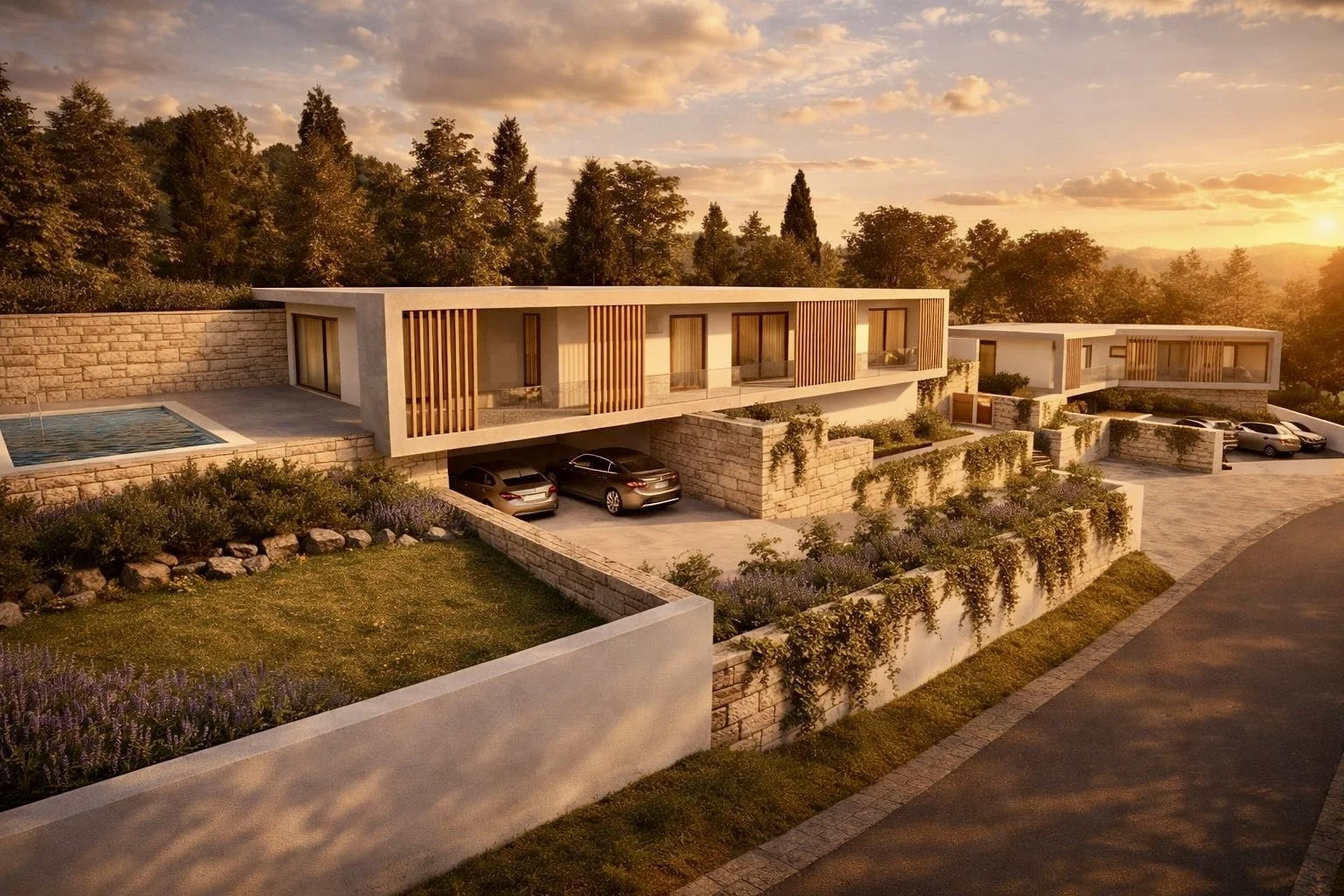 Vista de um condomínio moderno com casas de arquitetura contemporânea, jardins bem cuidados, estacionamento com carros e uma piscina ao pôr do sol.