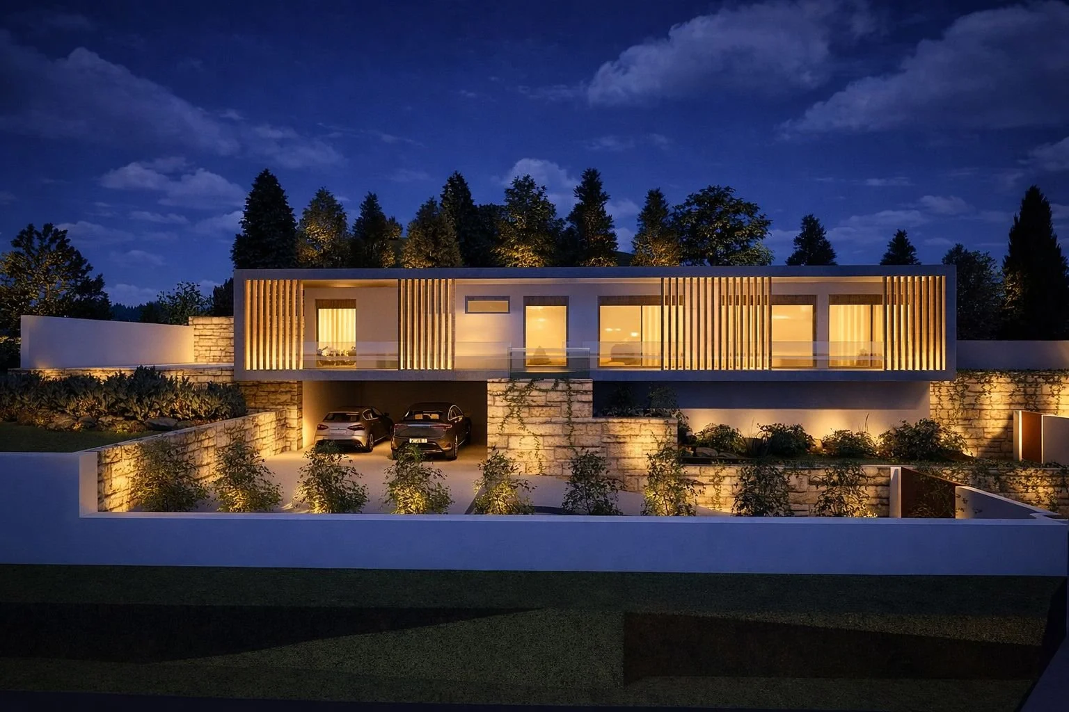 Casa moderna iluminada à noite com garagem, árvores ao fundo e céu estrelado.