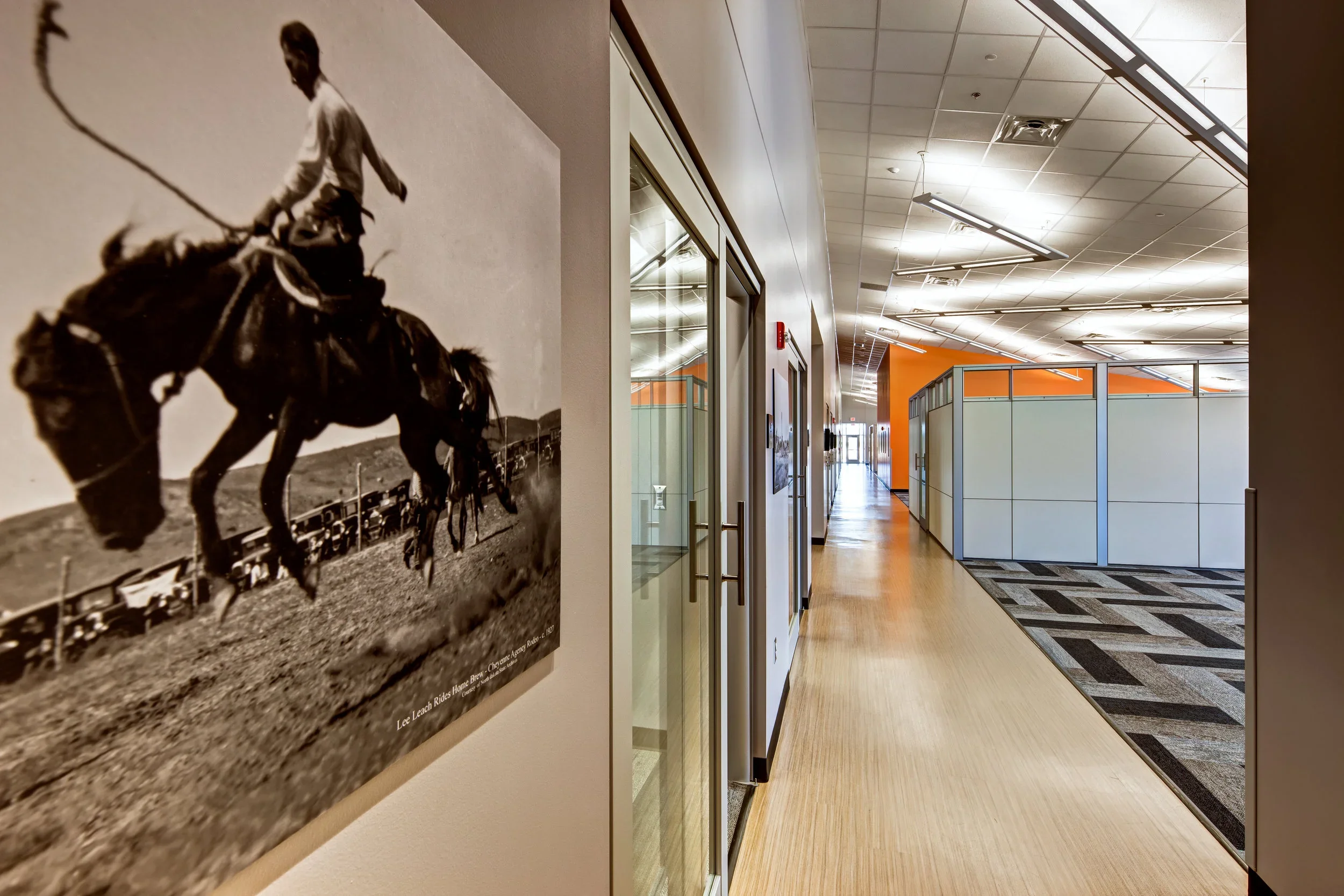 Empty office hallway with artwork and glass doors on the left, white and orange walls on the right, and patterned carpet and ceiling lights.