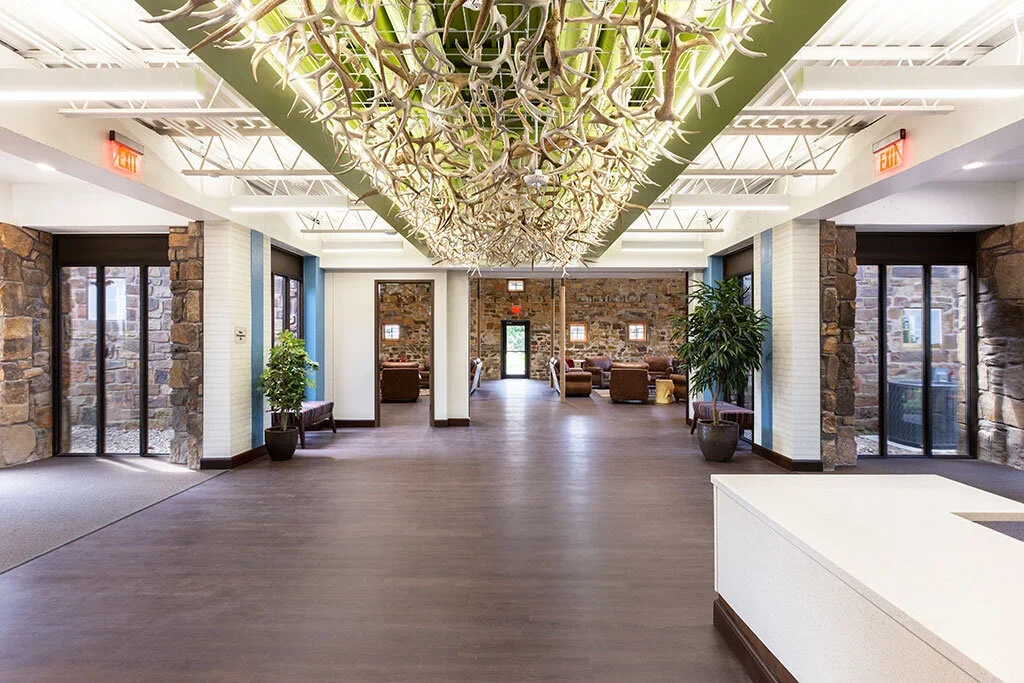 Modern lobby with stone accents, potted plants, and a large chandelier made of antlers hanging from the ceiling.