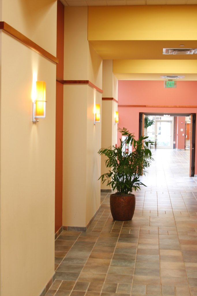 Hallway inside of Bailey Medical Center Education Building with yellow and pink walls, wall-mounted yellow lights, a potted plant, and glass doors at the end.