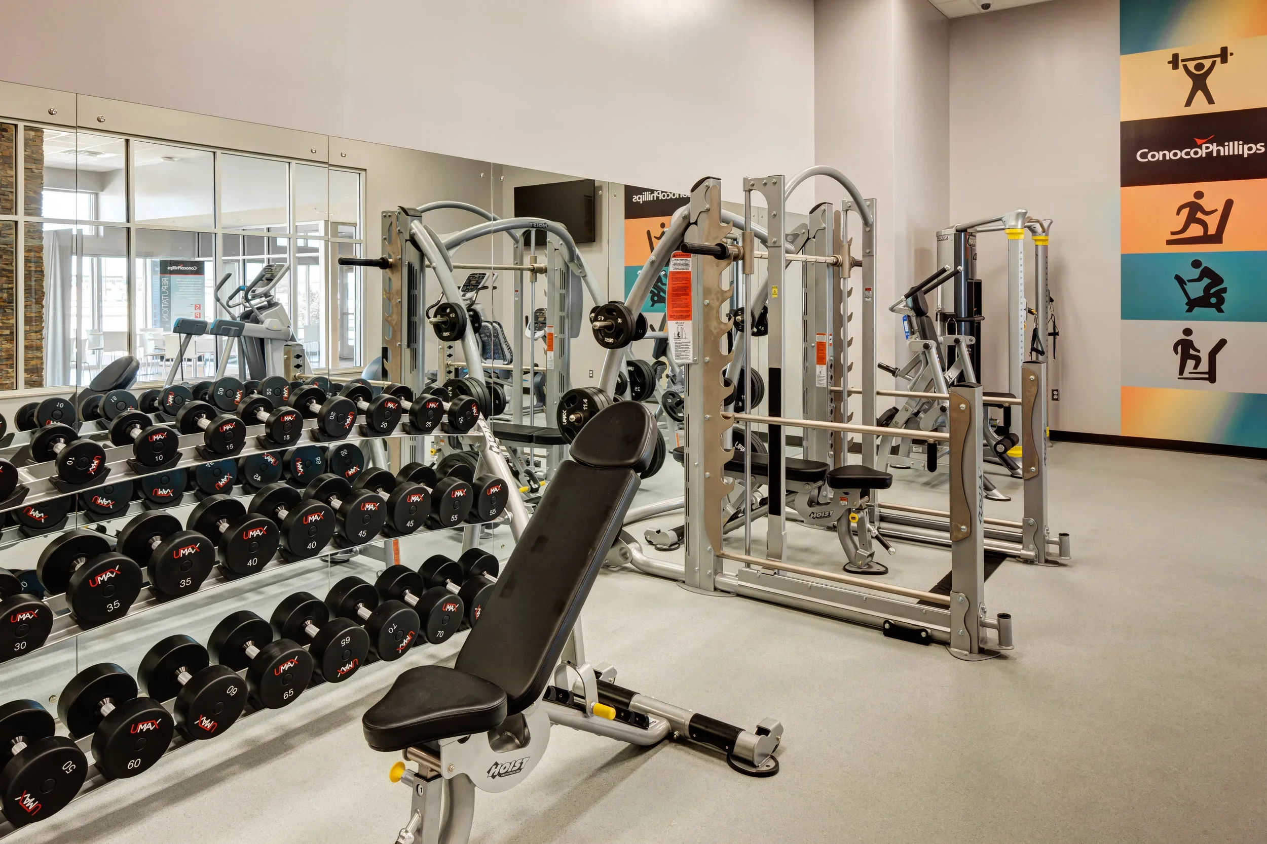 A well-equipped gym with multiple dumbbells on a rack, a workout bench, and various exercise machines, with colorful fitness icons on the wall that depict weightlifting, running, rowing, and stretching.