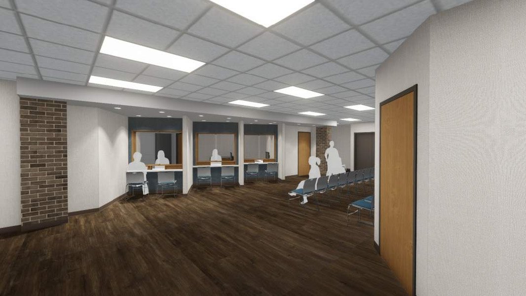 Rendering of a waiting area in a medical or office setting with chairs, reception desks, and silhouettes of people.