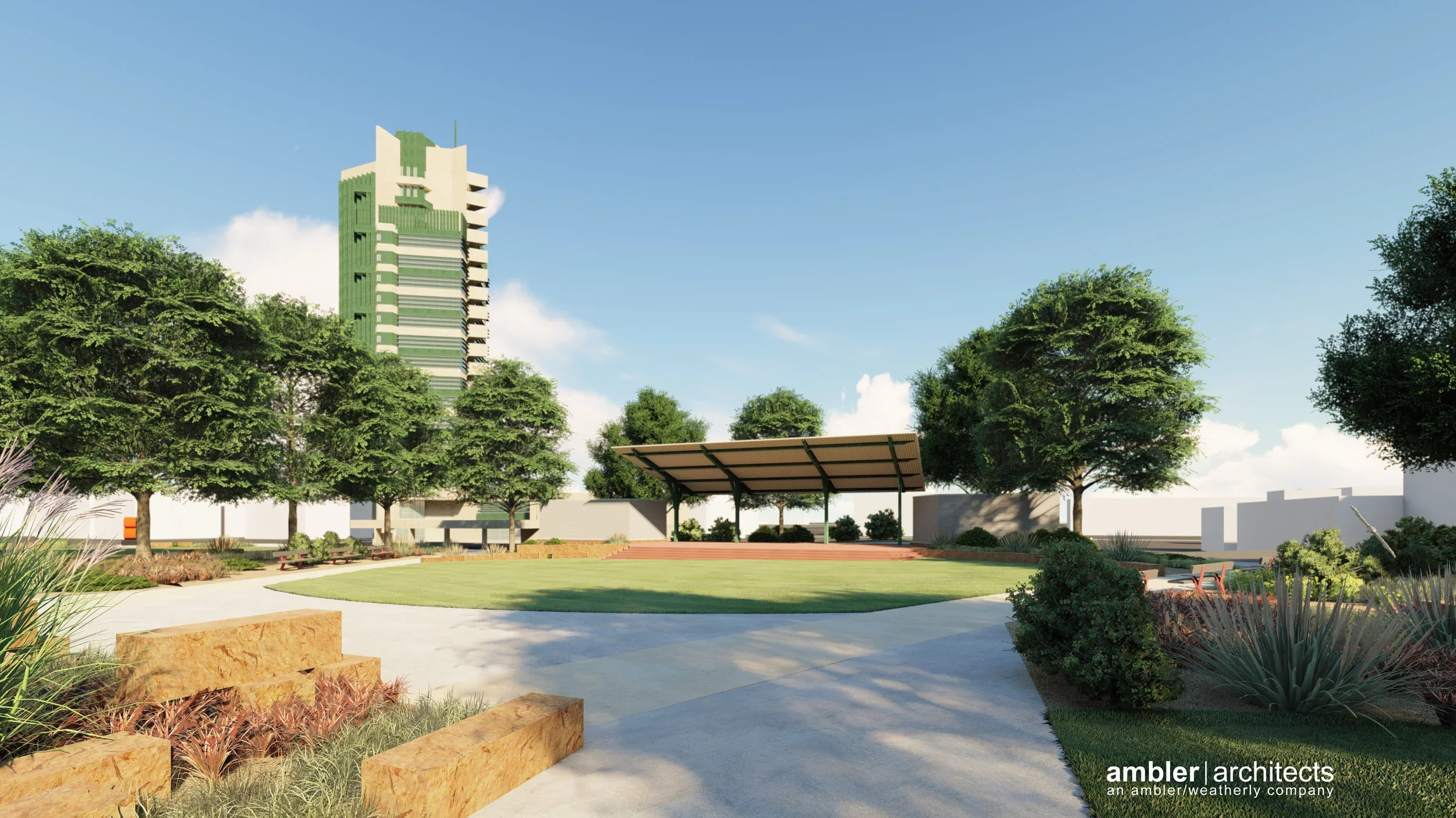 Rendering of a city park with a grassy area, trees, benches, a small stage with a roof, and a tall modern building in the distance, under a clear blue sky.