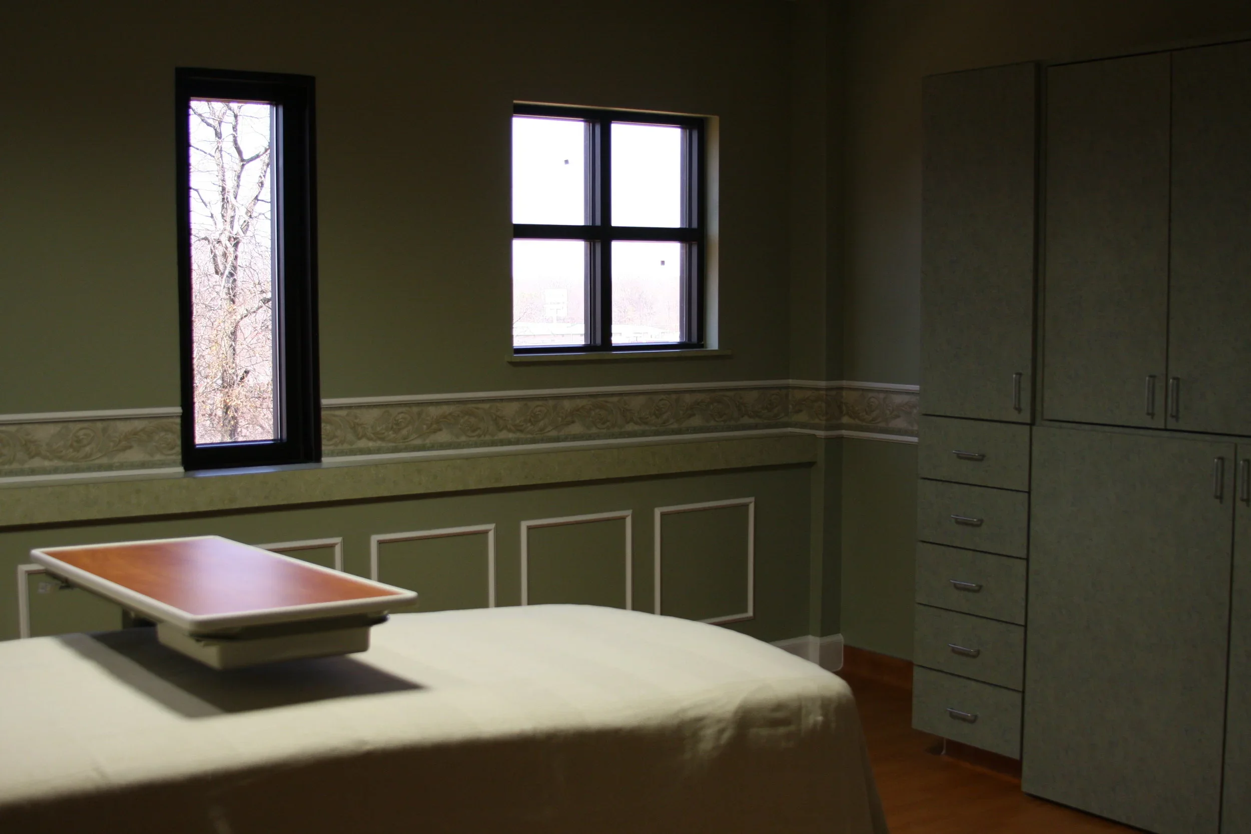 Empty hospital room with two windows, a bed with a tray, and a cabinet, with outside trees visible through windows.