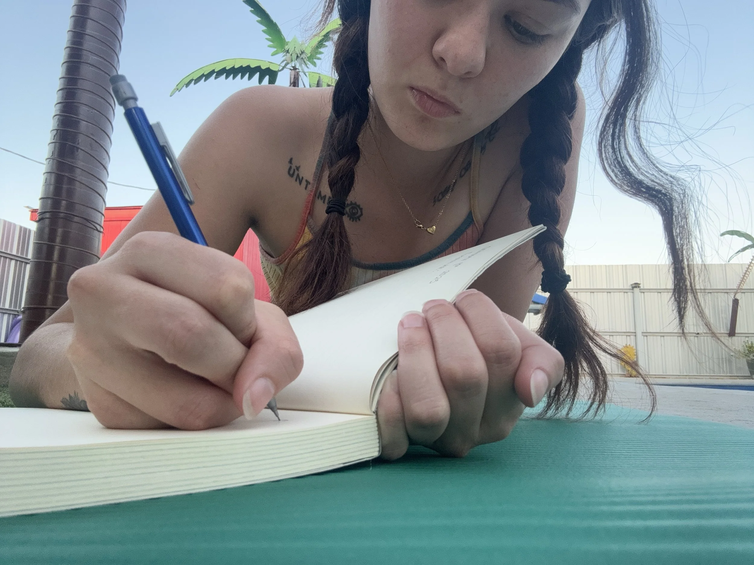 A young woman with braids and tattoos is writing in a notebook outdoors on a green surface, with a sky and fence in the background.