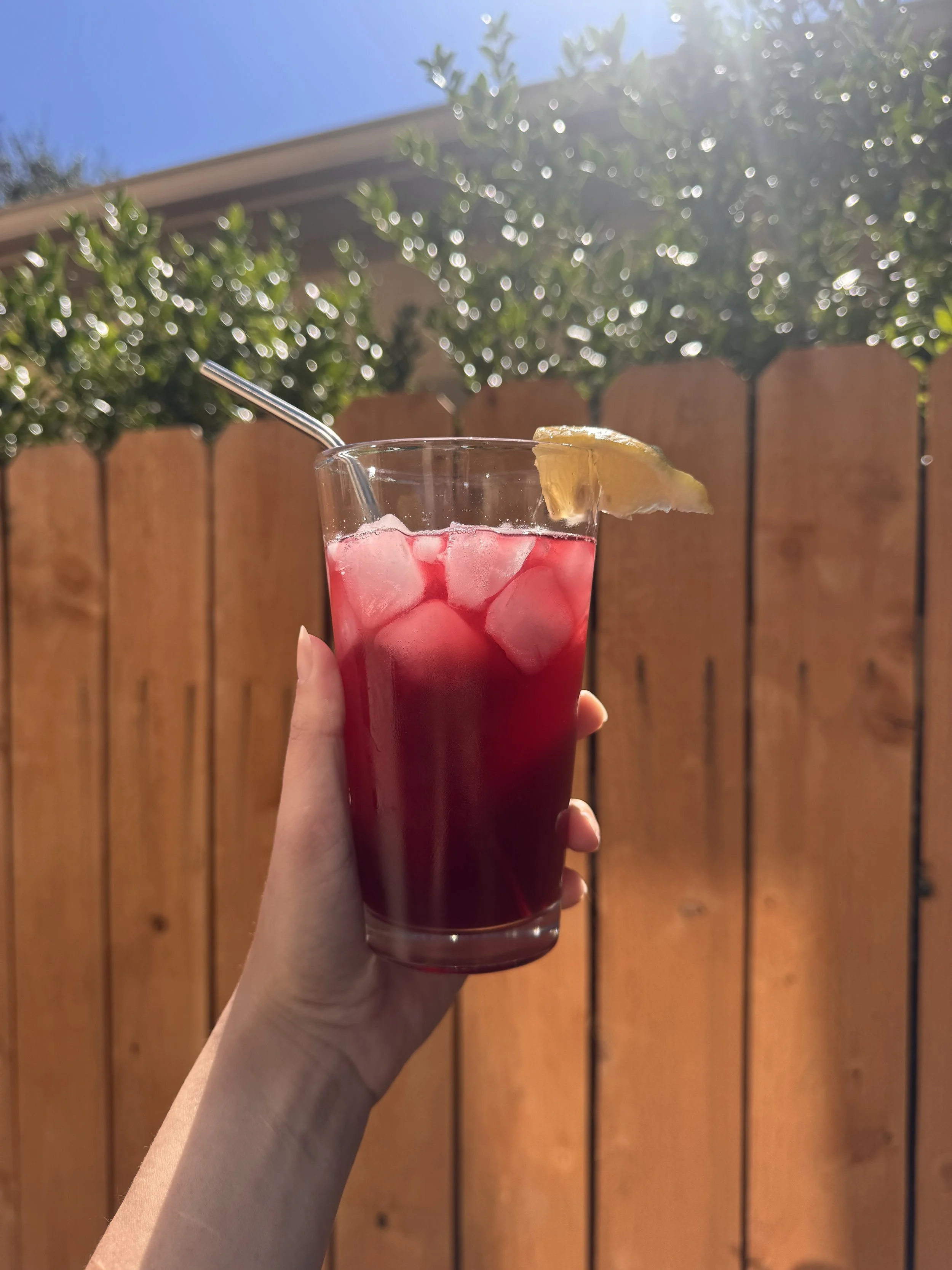 Hand holding a glass of red iced beverage with a lemon wedge garnish against a sunny outdoor background with wooden fence and greenery.