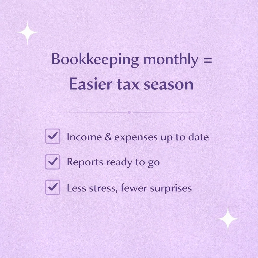 When your bookkeeping is handled monthly, tax season doesn&rsquo;t feel like a scramble &mdash; it feels like a formality.

Here&rsquo;s why:
&bull; Your income and expenses are already organized
&bull; Accounts are reconciled (no guessing or digging