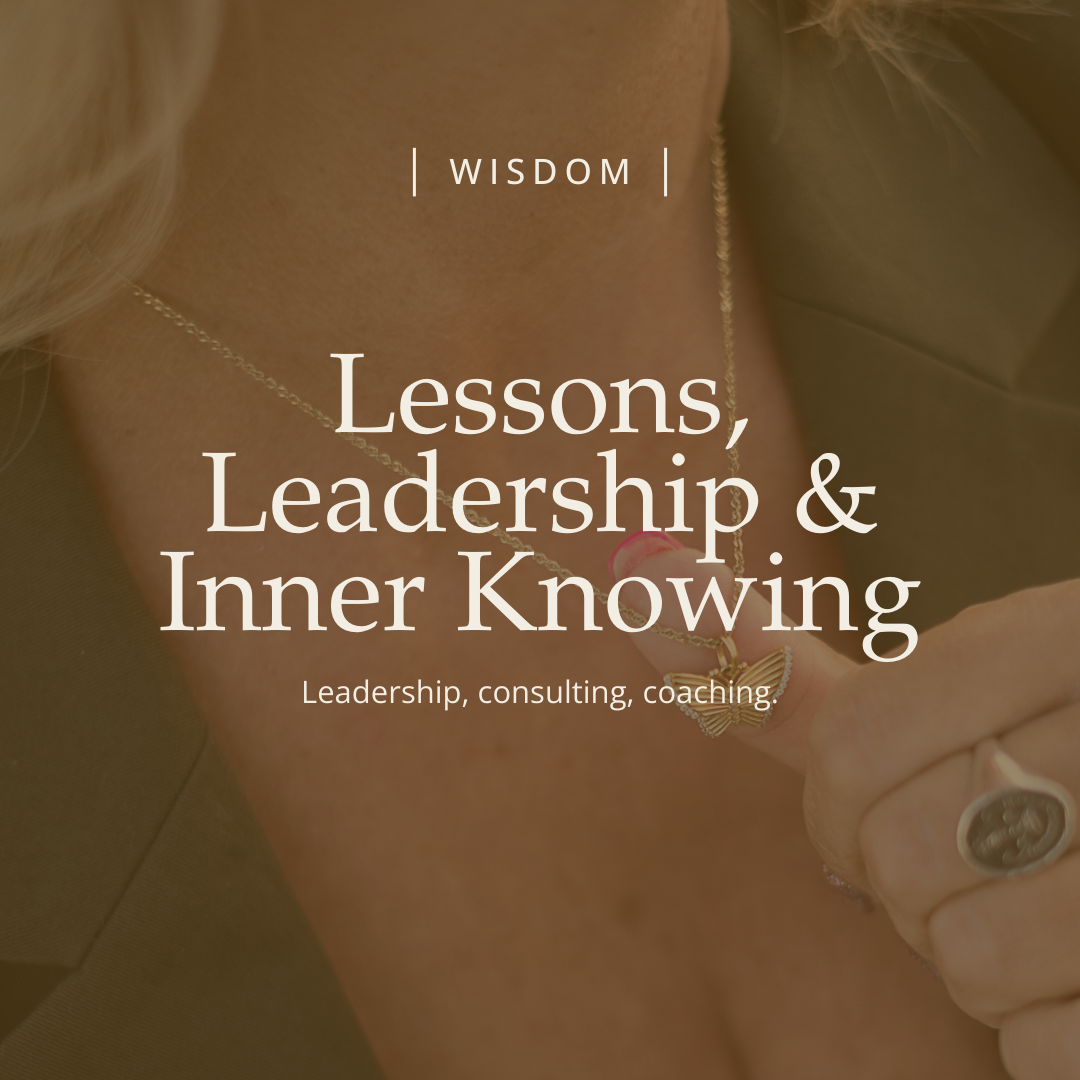 Close-up of a woman's neck wearing a delicate necklace with a butterfly pendant, and holding a ring with her finger, with the overlay text 'Lessons, Leadership & Inner Knowing' and additional text 'Leadership, consulting, coaching'.
