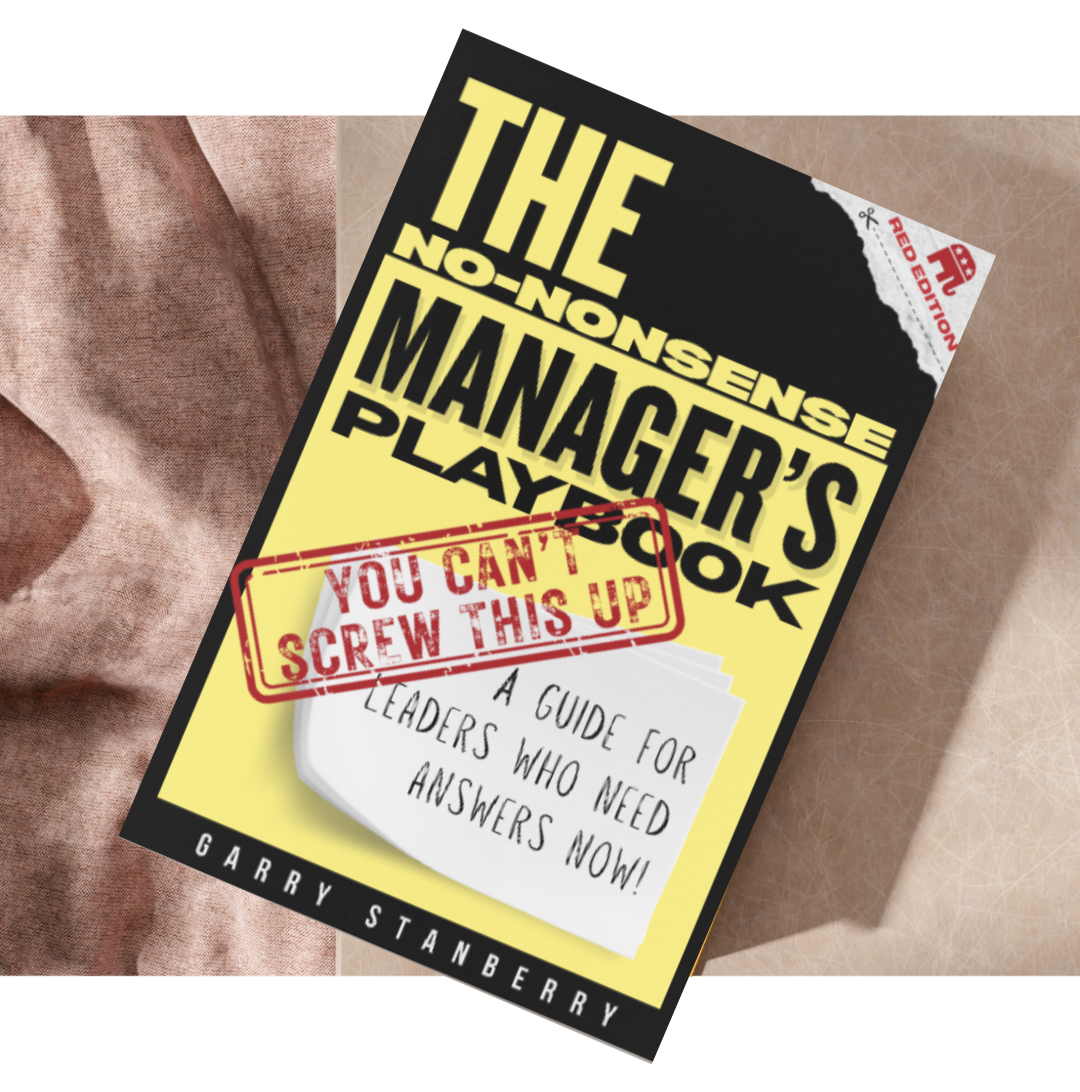Book titled 'The No-Nonsense Manager's Playbook' with a red stamp that reads 'You Can't Screw This Up' overlaying the cover.