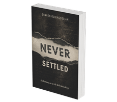Book cover titled "Never Settled" by Shama G. Obradovic, featuring a black and white mountain landscape background.