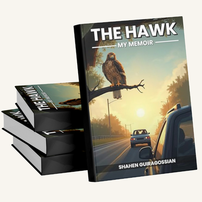 A stack of books with the top book titled 'The Hawk: My Memoir' by Shahen Guiragossian. The cover features an illustration of a hawk perched on a tree branch overlooking a sunset and a highway with cars.