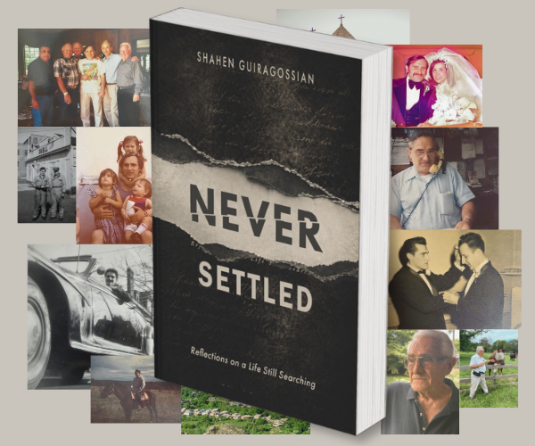 A book titled "Never Settled" by Shahen Guiragossian is surrounded by various personal photographs, including people at a wedding, children, a vintage car, and outdoor scenes, symbolizing reflections on life's ongoing search.