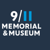 Logo for 9/11 Memorial & Museum with white and blue text on a dark background.