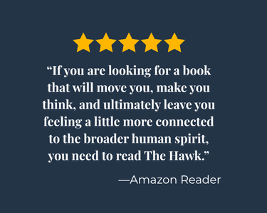 Five gold stars above a quote from Amazon Reader about the book The Hawk, emphasizing its emotional connection.