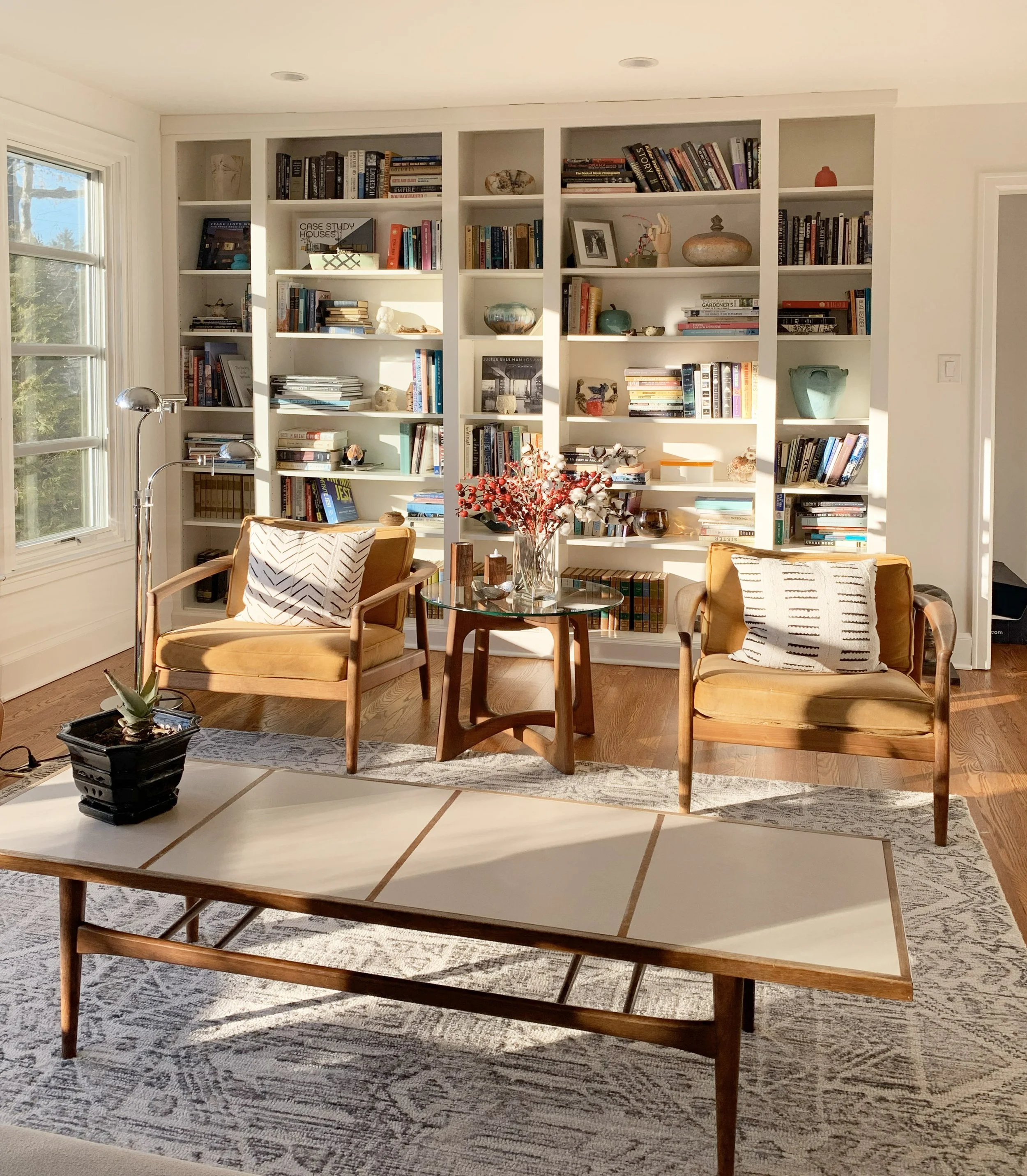 Red Oak custom built shelving and recessed lighting.