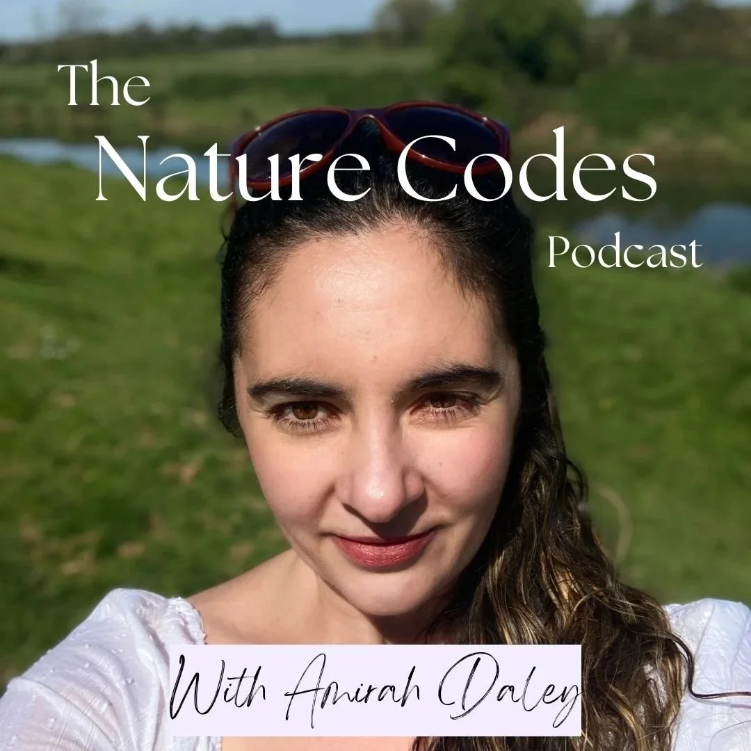 Close-up photo of a woman with dark wavy hair and sunglasses on her head, outdoors in green scenery, for a podcast cover titled 'The Nature Codes Podcast' with guest Amirah Daley.