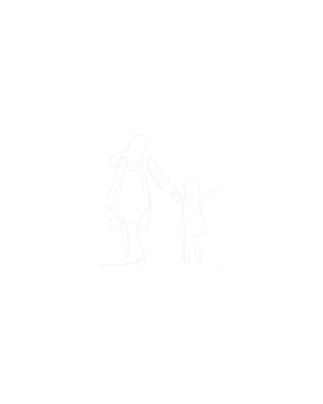 Line art outline of a woman and a young girl holding hands, walking together against a black background.