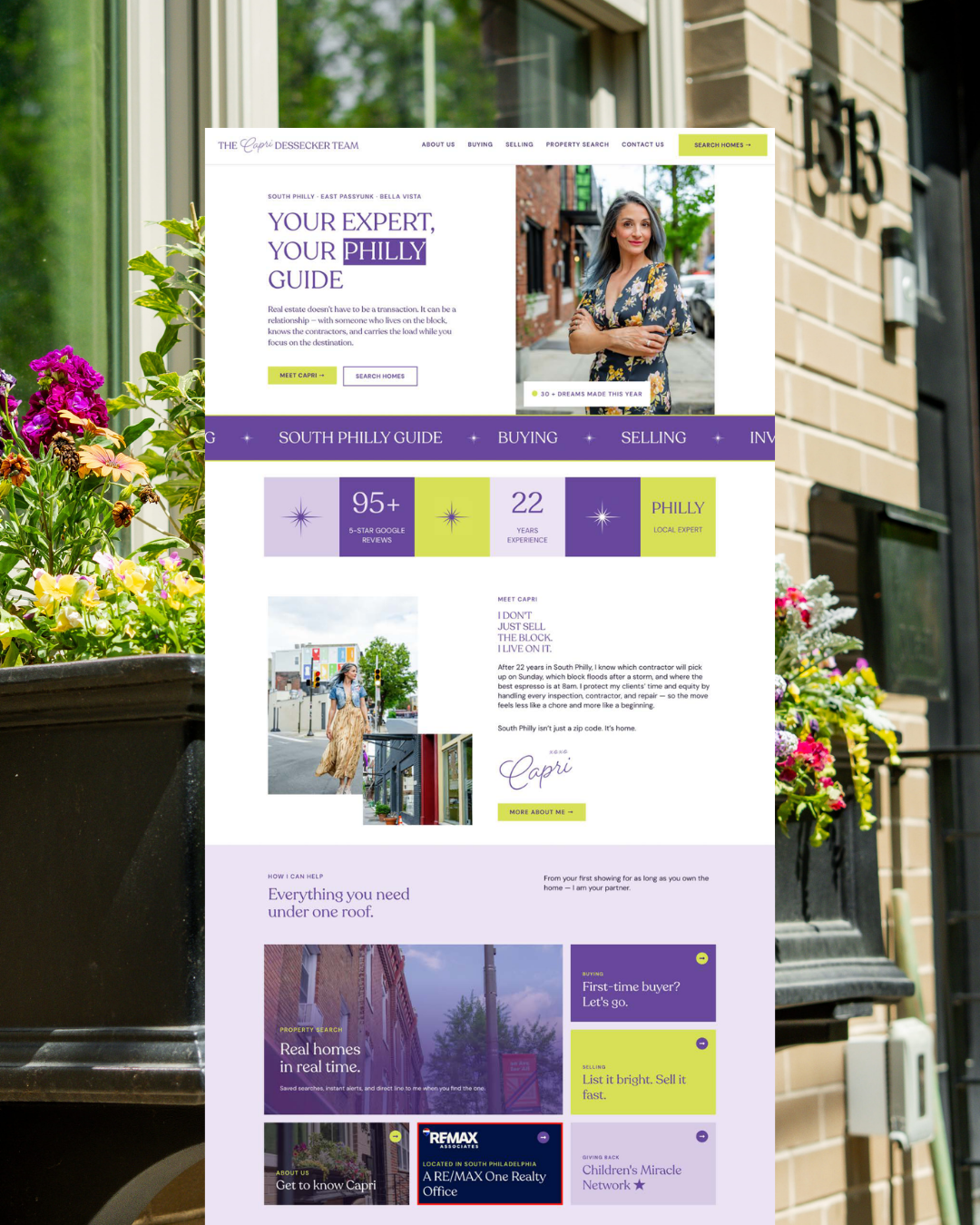 Capri Dessecker standing outdoors with her website redesign overlaying her photo, highlighting her real estate services in South Philly.