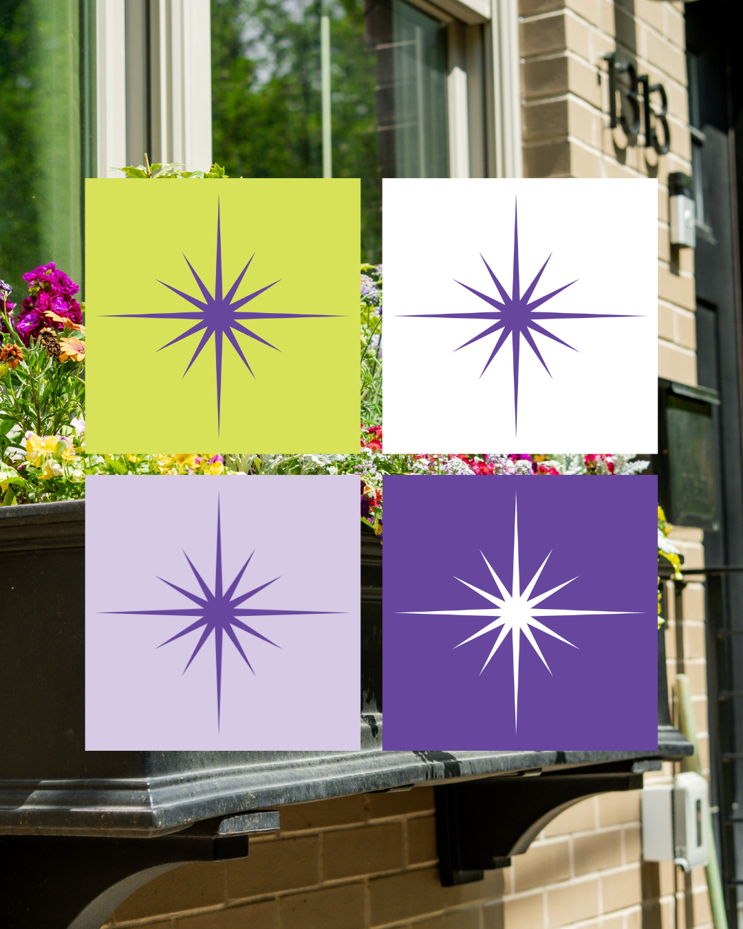 Four colorful squares with purple starburst designs are overlaid on a window and flower box in front of a brick house.
