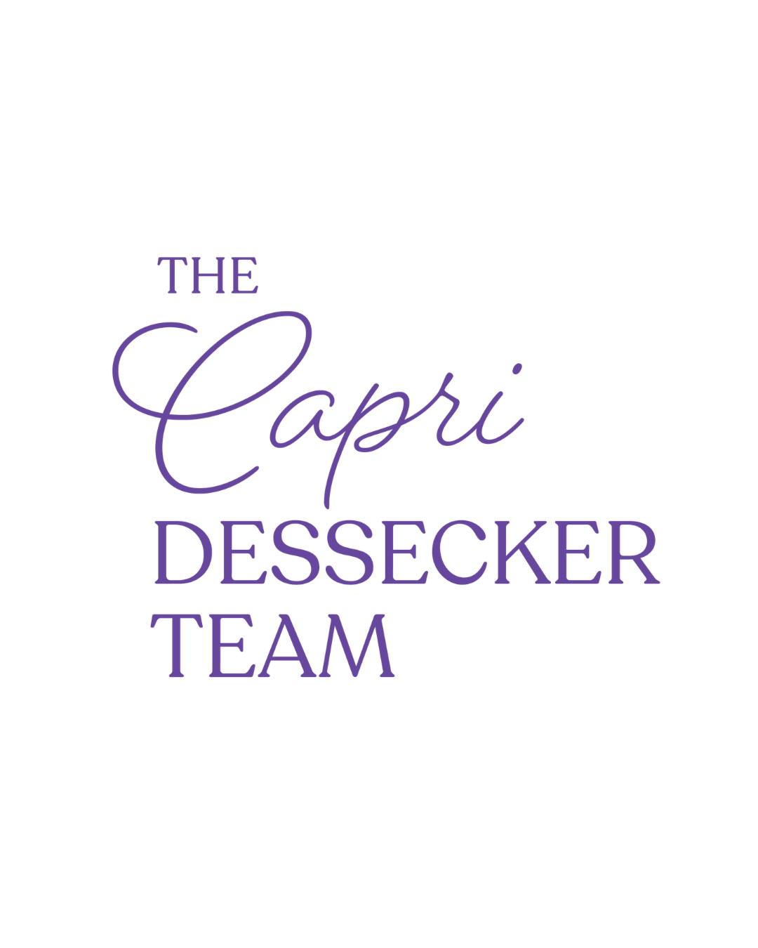 Logo with the text 'The Capri Desserker Team' in purple, with 'Capri' in cursive and the other words in uppercase