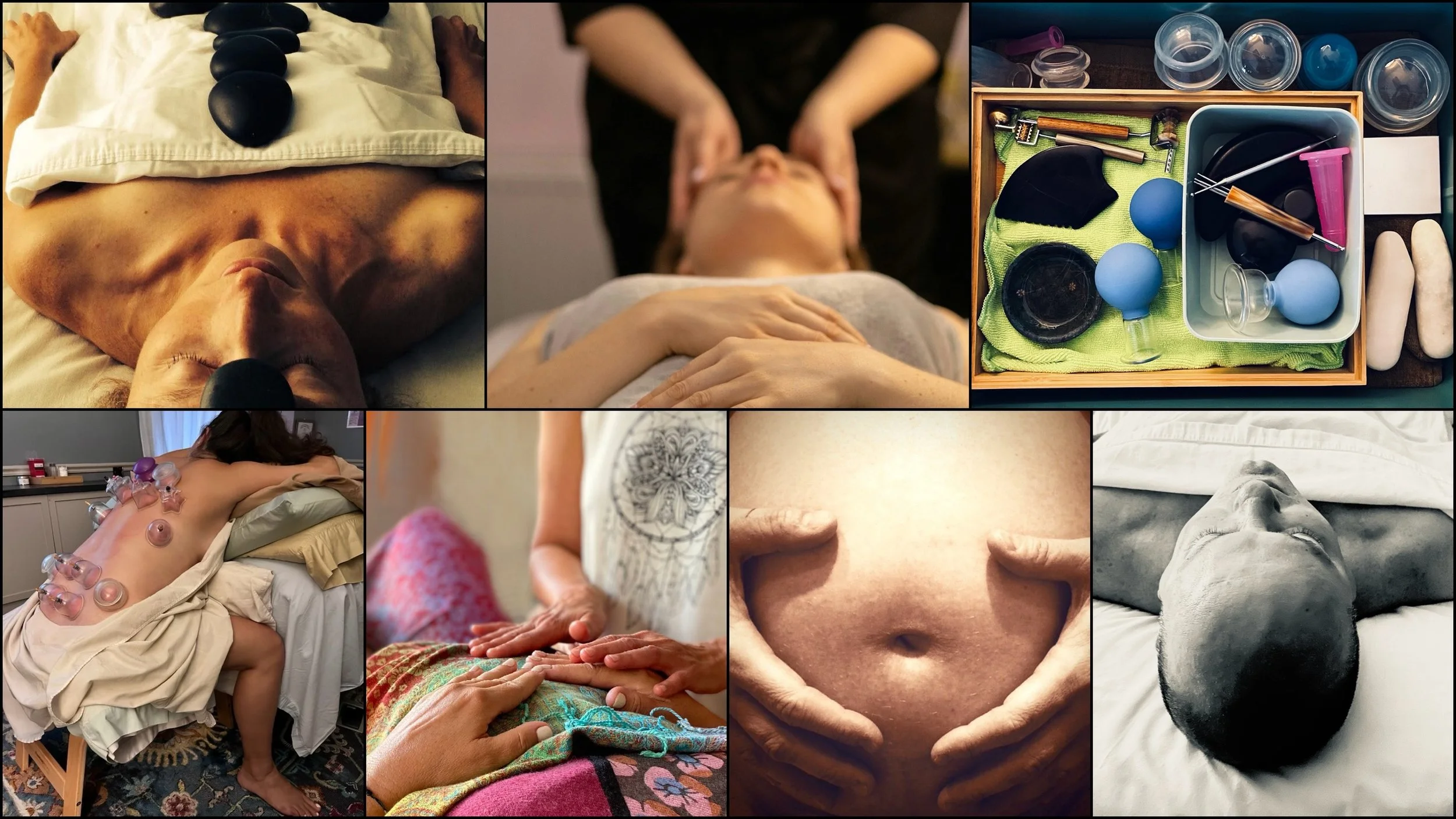 A collage of six images depicting massage therapy. Includes a person resting with hot stones, a person getting a massage, an open box of facial massage and cupping supplies, a woman with massage cups on her back, hands performing craniosacral therapy