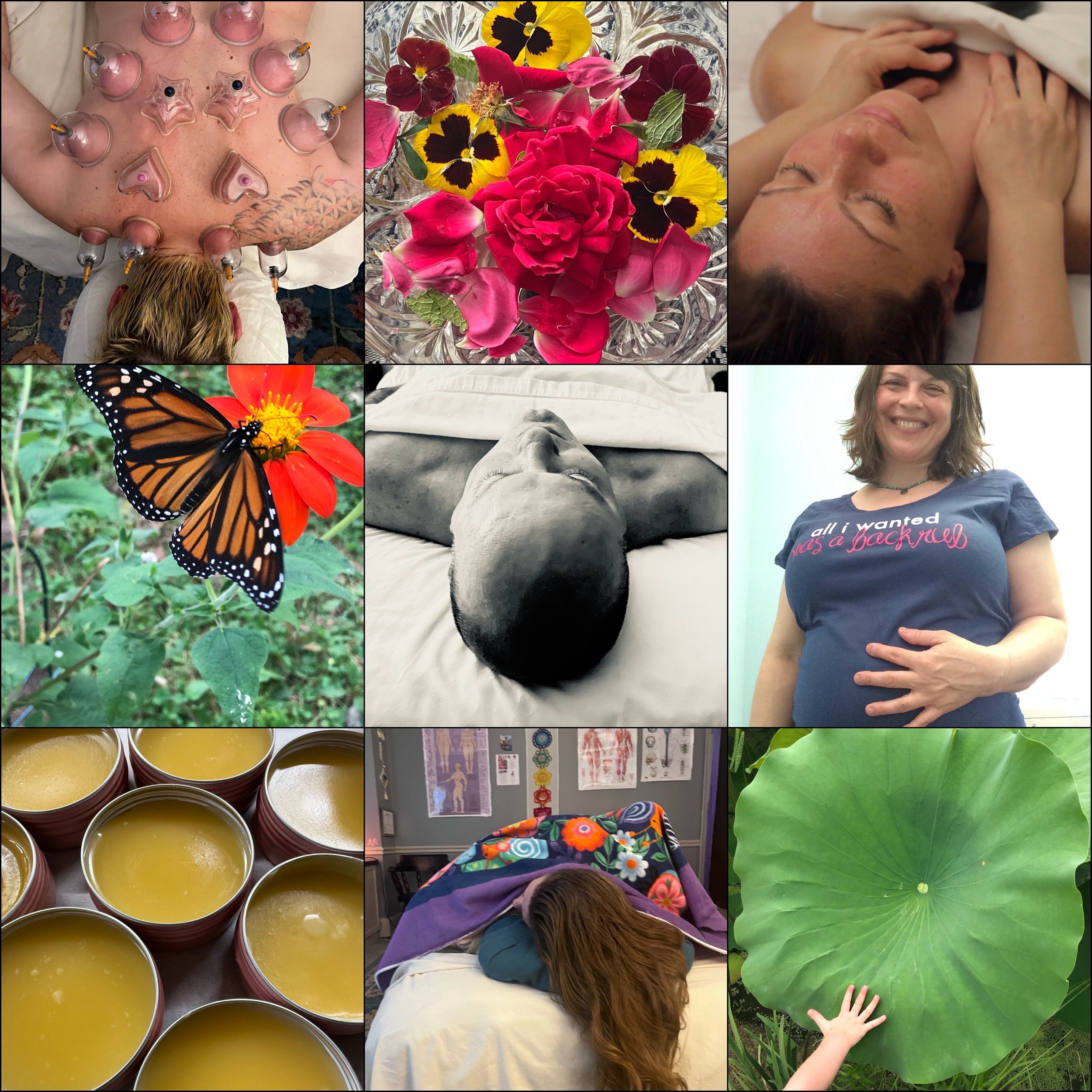 A collage of nine images. Top row: an acupuncture treatment with needles on a person's back, a bowl of colorful flower petals, a woman lying on a massage table. Middle row: a monarch butterfly on a flower, a person lying on a bed with their head turned to the side, a woman smiling, wearing a t-shirt with text. Bottom row: several yellow candles, a person resting with blankets, a large green leaf with a small hand reaching from below.