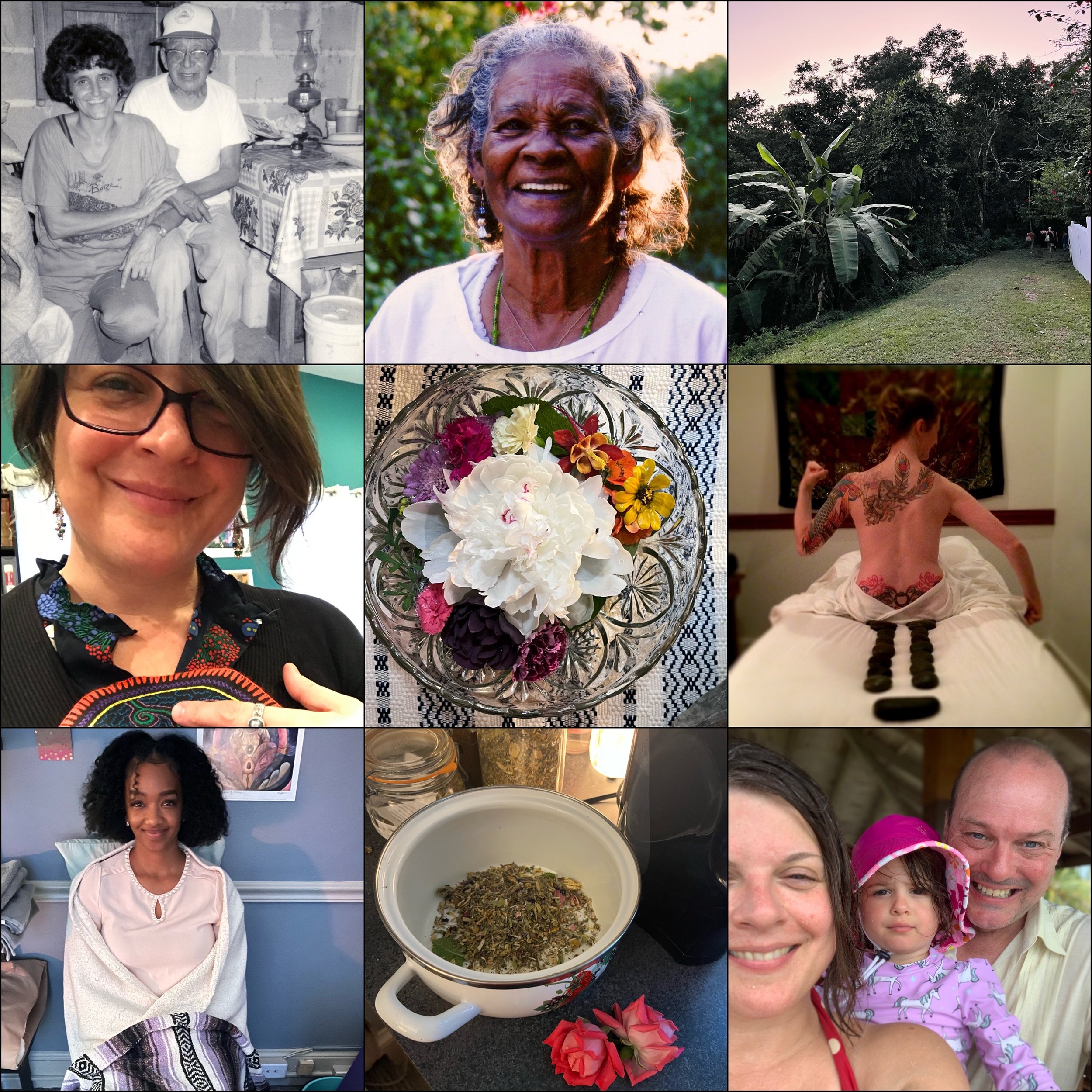 A collage of nine photographs showing various people, healers, mentors, a rural  landscape, a lustral bowl , a woman receiving hot stone massage, a woman with a colorful necklace, a young girl with curly hair, a bowl of herbs, and a family group.