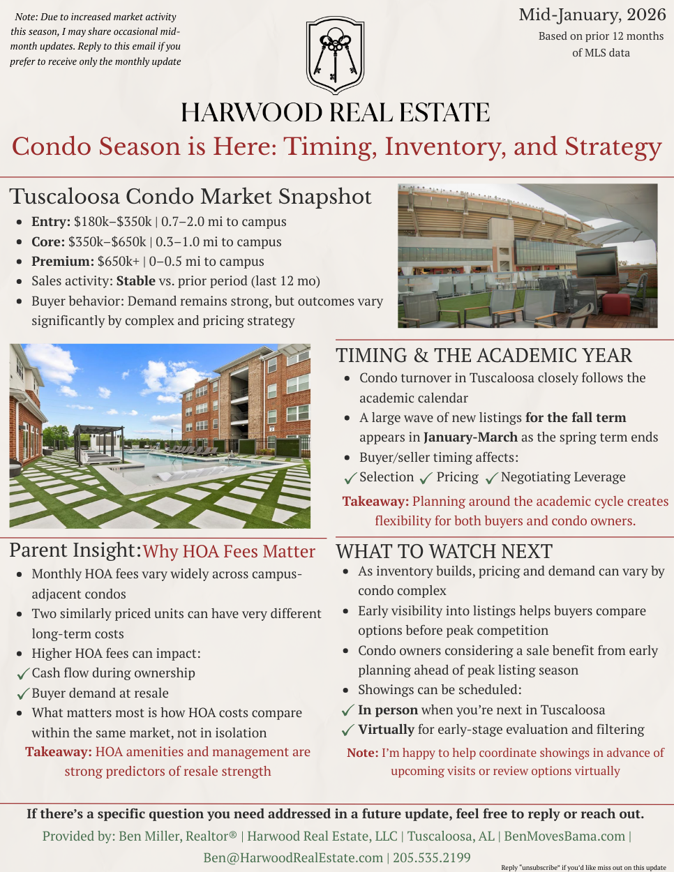 An informational real estate market update flyer from Harwood Real Estate, dated mid-January 2026. The flyer discusses condominium market snapshots in Tuscaloosa, trends in the real estate cycle, and the impact of HOA fees. It features two images: one of a rooftop patio with seating and city views, and another of an apartment complex pool area with surrounding buildings. The flyer emphasizes the importance of planning around the academic cycle for condo sales and provides insights for buyers, sellers, and condo owners.
