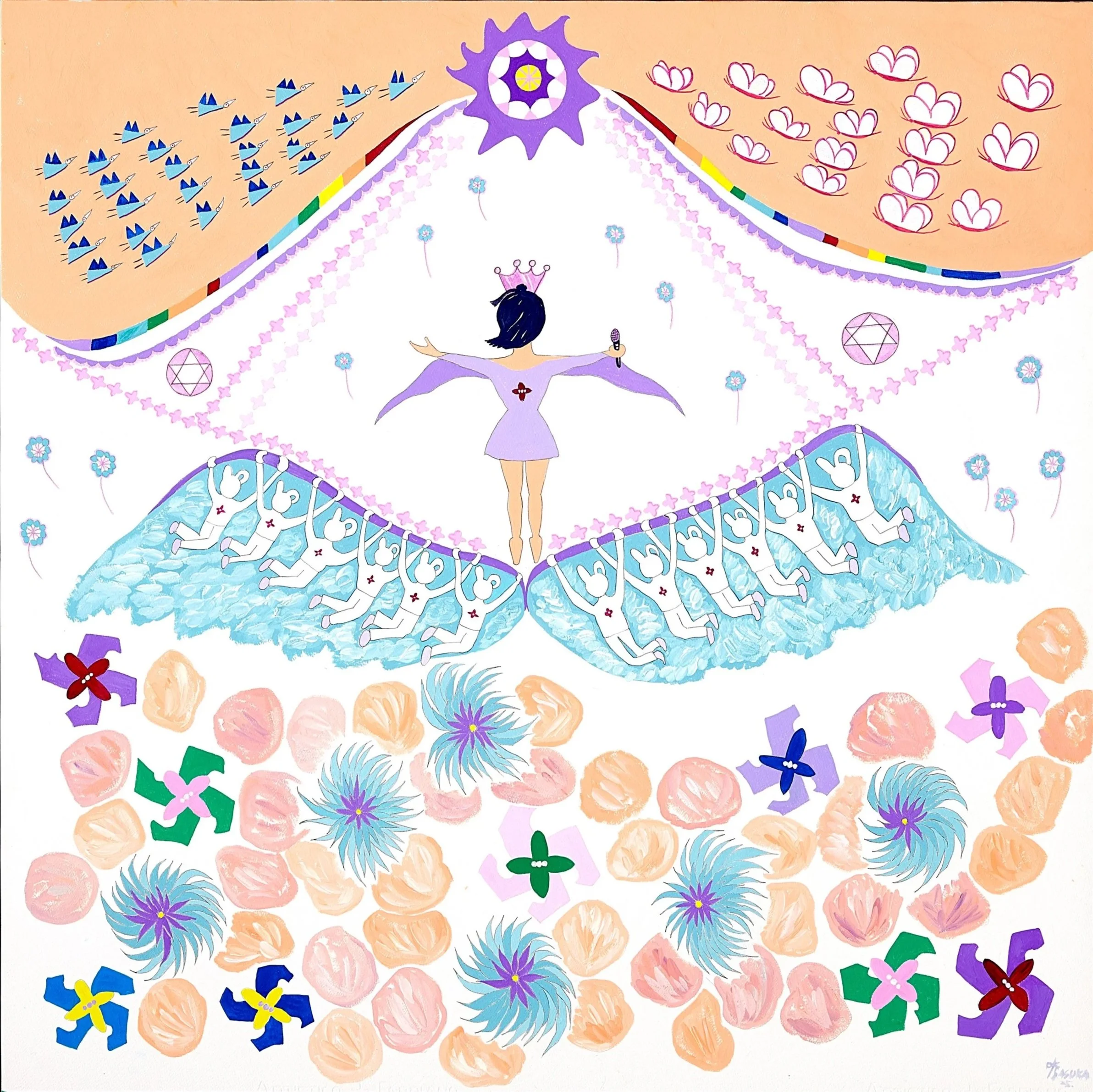 A colorful abstract illustration featuring a central figure with wings and a crown, holding a microphone and surrounded by various shapes resembling flowers, snowflakes, and swirling patterns. The background is divided into sections with birds, flowe