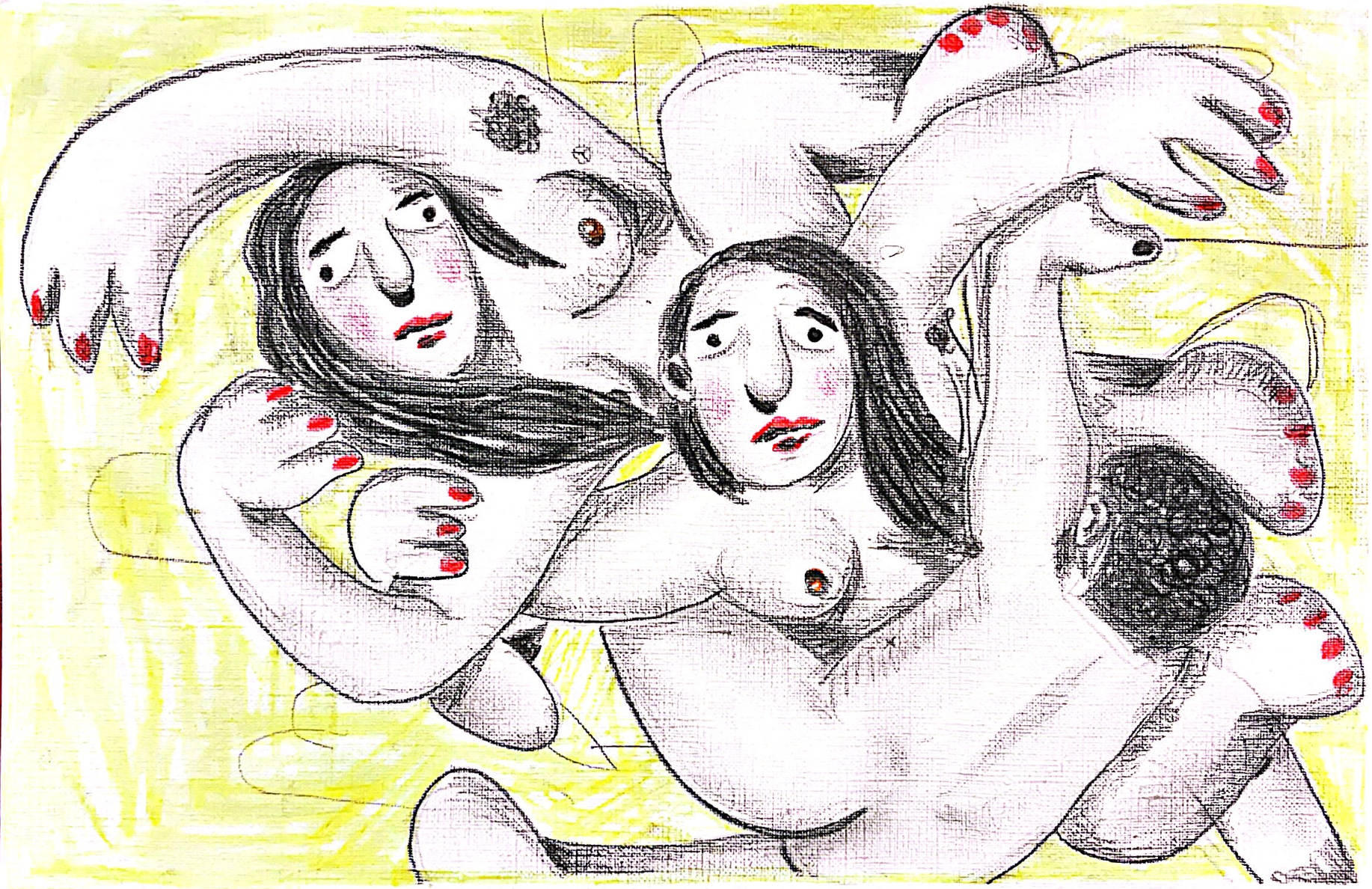 A surreal and abstract illustration of three women with expressive faces and long hair, entwined with large, painted, organic shapes against a yellow background.