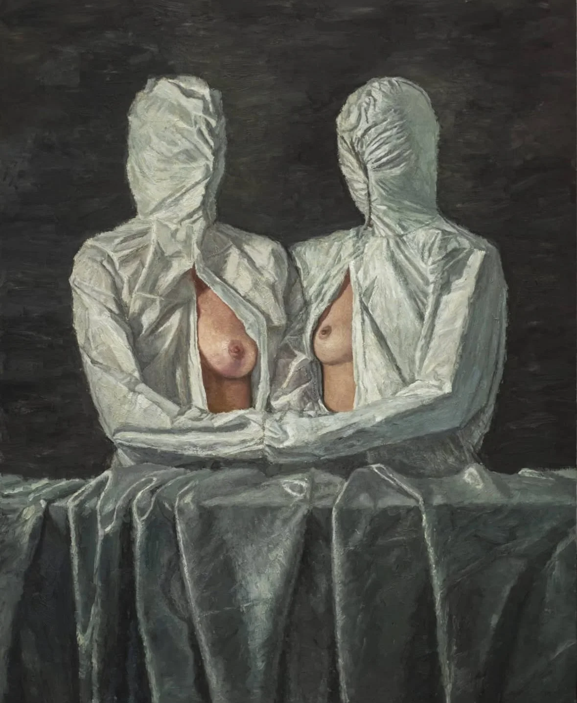 A painting of two faceless figures with wrapped heads, wearing open white shirts revealing their bare chests against a dark background.