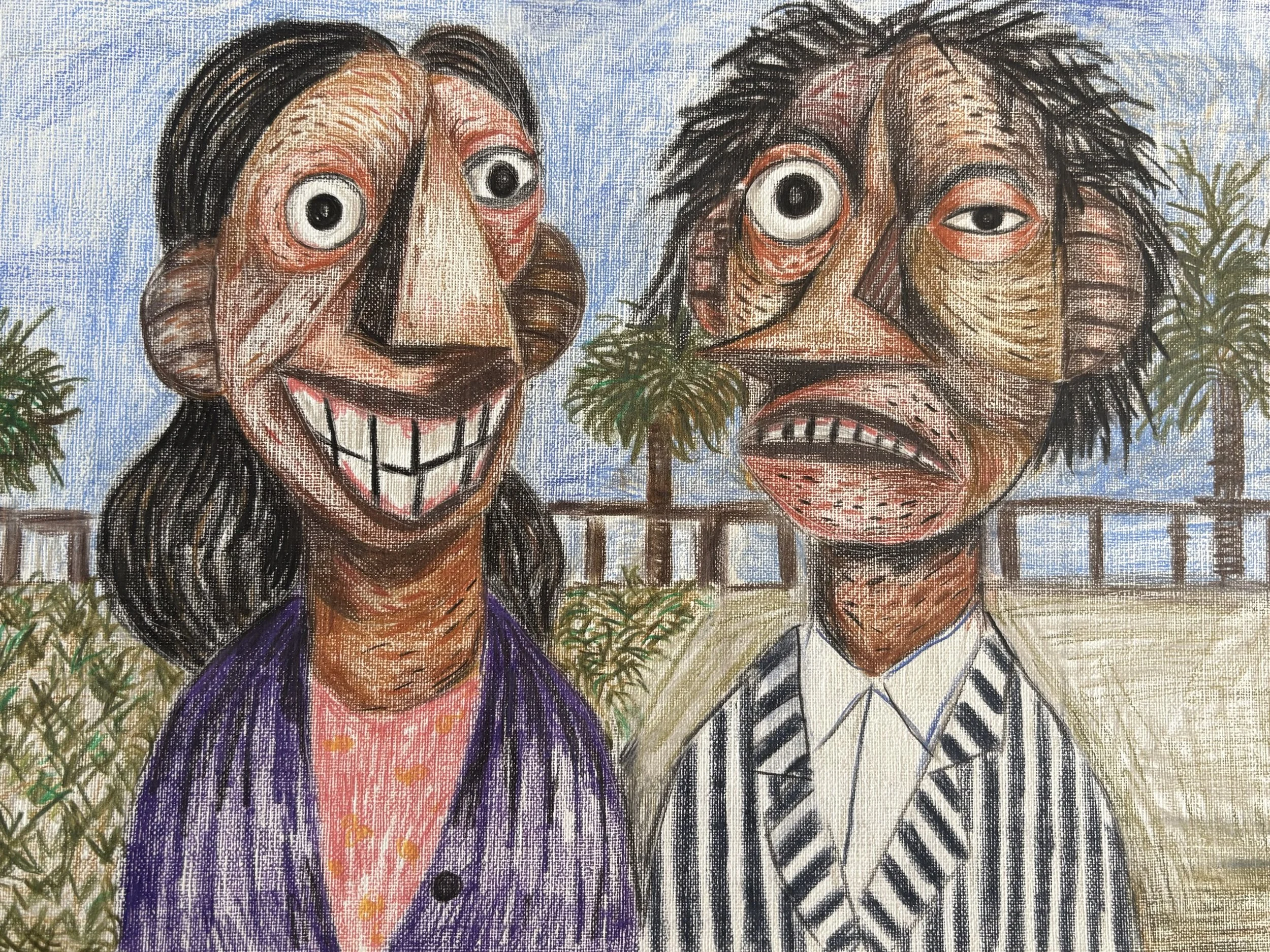 A colorful, abstract painting of two exaggerated faces outdoors with trees and a fence in the background. The left figure is a smiling woman with long black hair, large nose, and wide grin showing teeth, dressed in a purple jacket and pink shirt. The