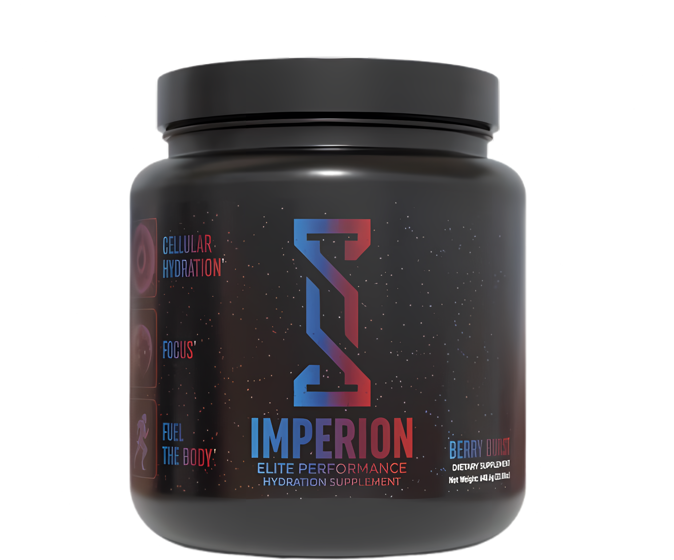 Black container of Imperion elite performance hydration supplement with a blue and red DNA helix graphic on the label, highlighting elements like cellular hydration, focus, and fueling the body, with a berry burst flavor.