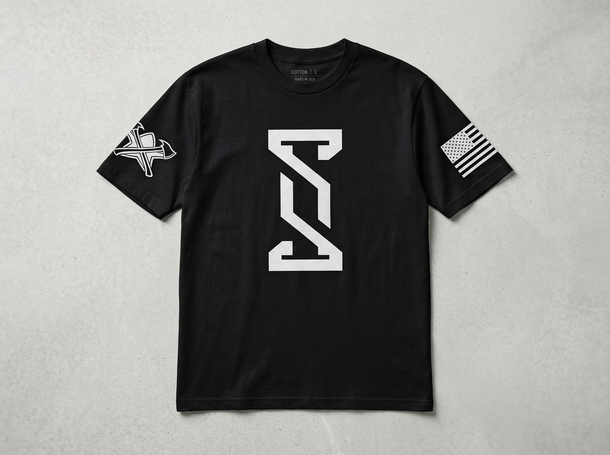 Black T-shirt with large Imperion Logo in the center and American flag patches on both sleeves, laid flat on a light background.