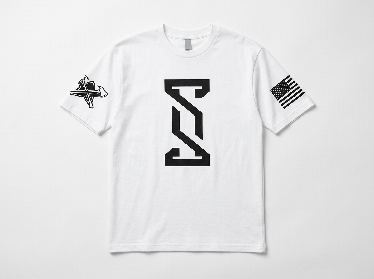 White T-shirt with black Imperion Logo on front, American flag patch on right sleeve, and an emblem on left sleeve.