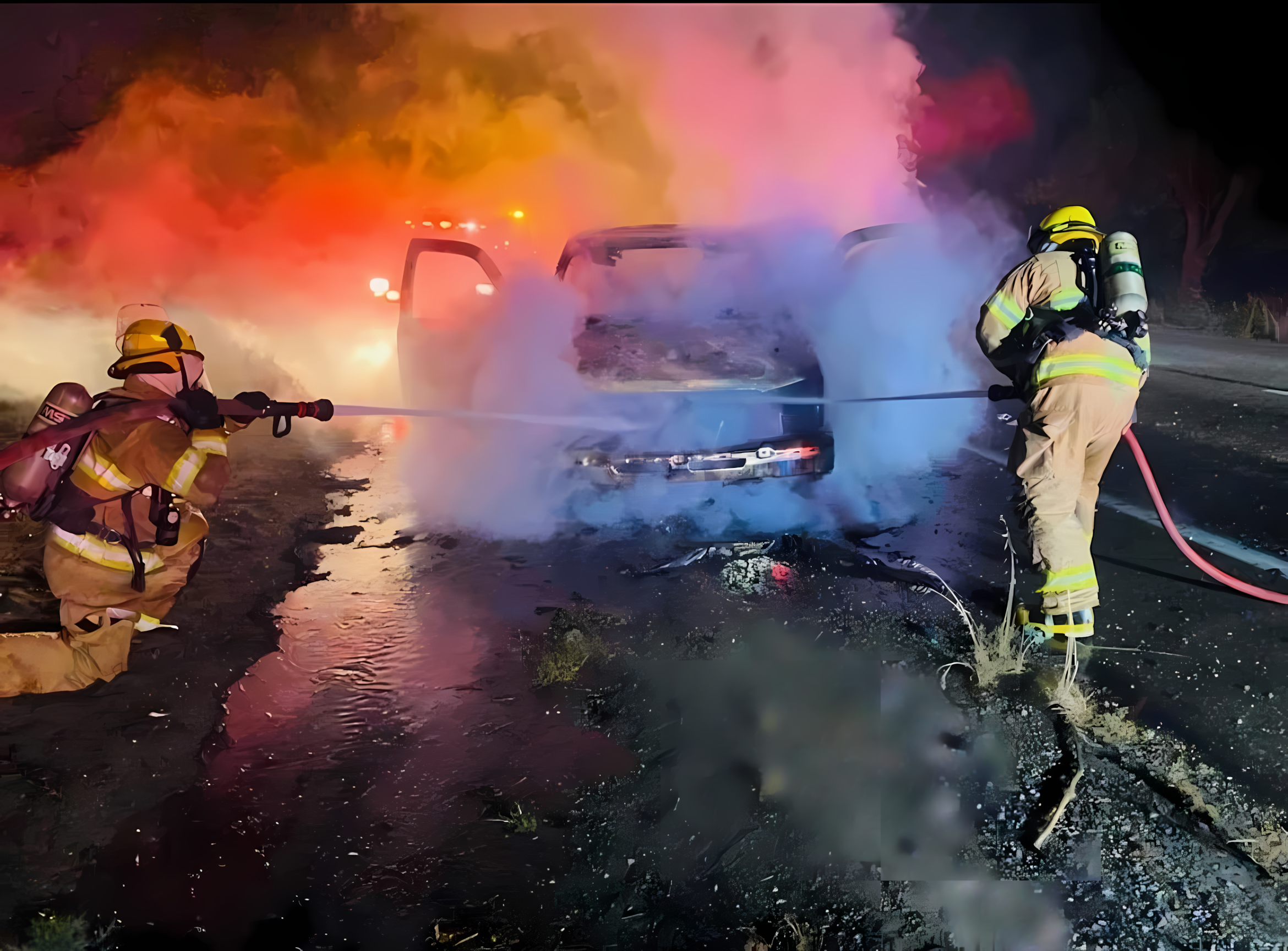 Firefighters extinguishing a car fire on a highway at night with thick smoke and bright flames in the background.