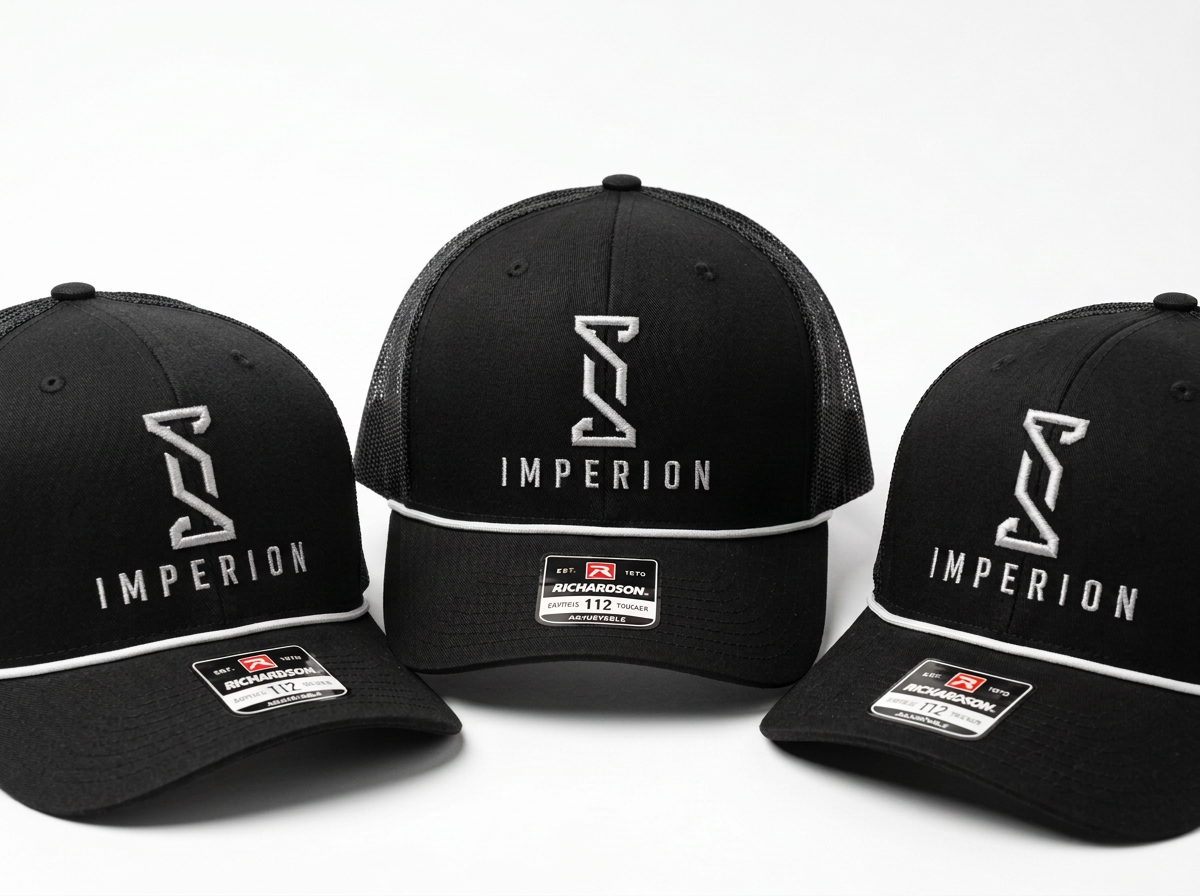 Three black baseball caps with white logo and text reading 'IMPERION' on a white background.