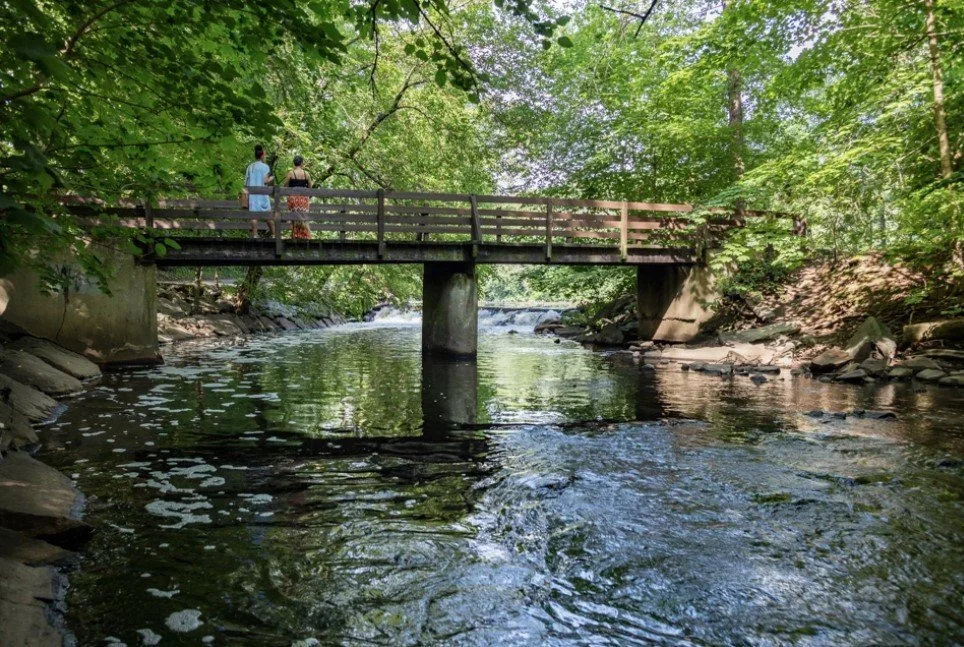 Two people walking across a wooden bridge over a flowing creek surrounded by green trees.