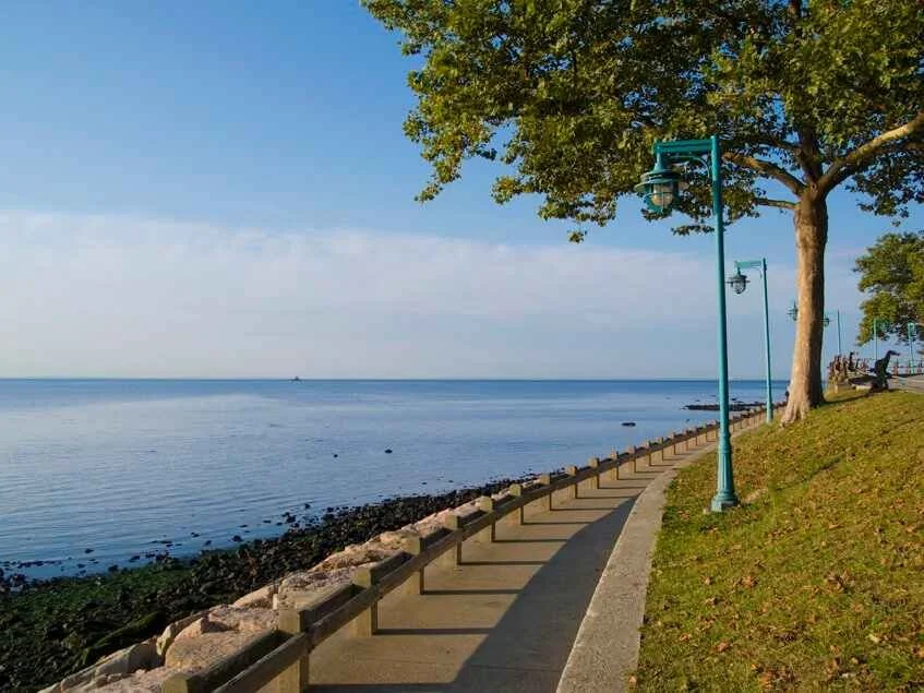 A seaside promenade with a paved walkway, decorative blue lamp posts, a grassy slope, and large leafy trees overlooking calm water with a clear sky.
