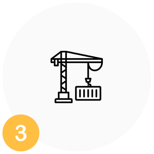 Icon of a crane lifting a container with a yellow circle and number 3 in the corner.