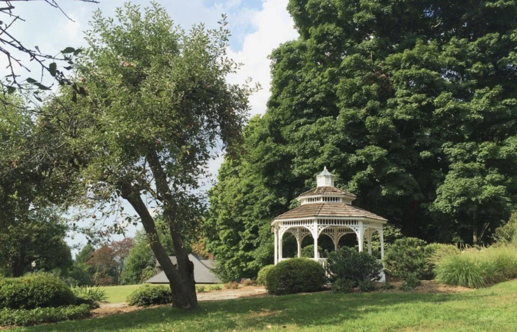 A park scene with a white gazebo, green trees, shrubs, and a grassy lawn.